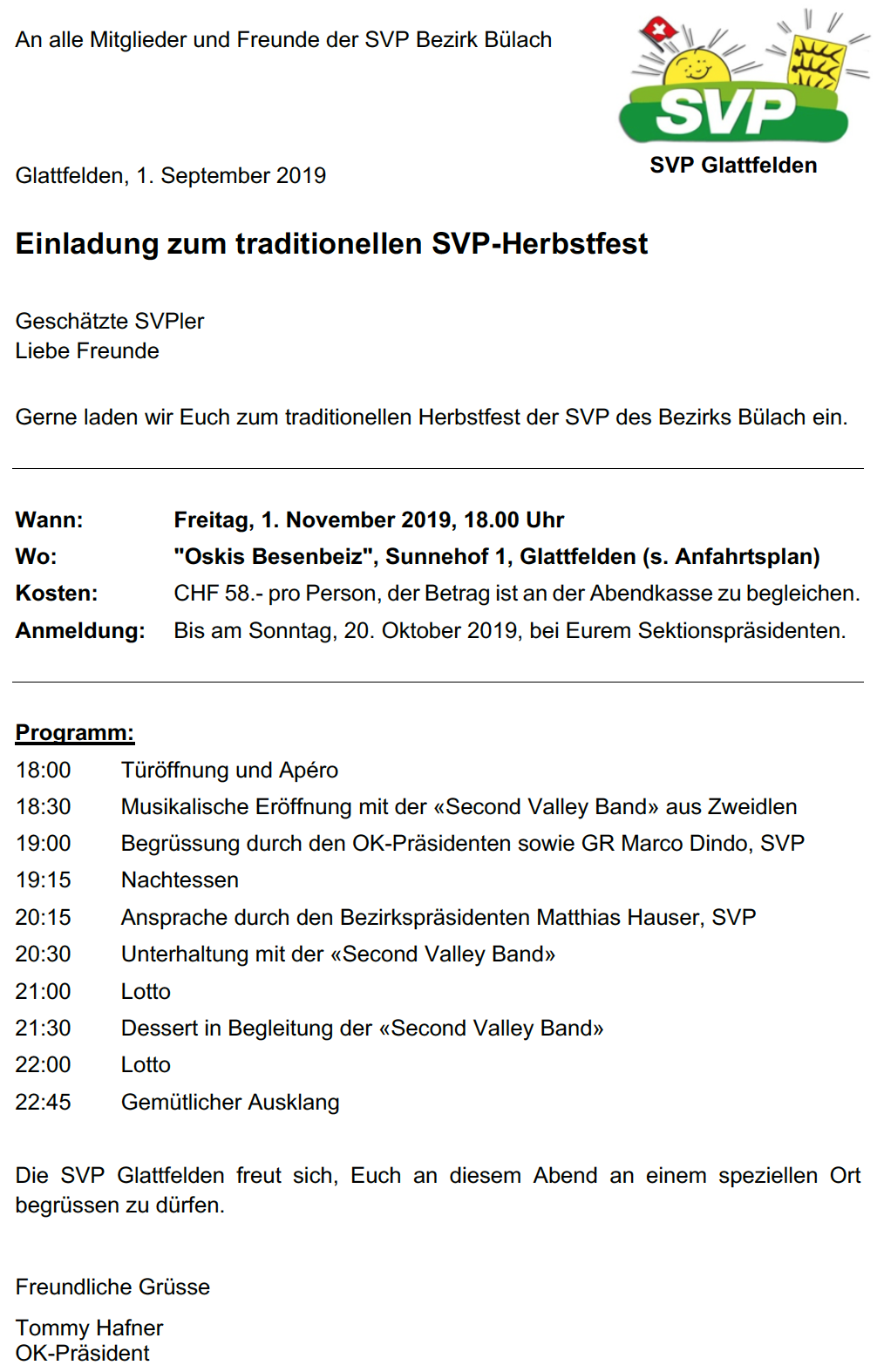 Einladung zum traditionellen Herbstfest der SVP Bezirk Bülach am 1. November 2019 in Glattfelden