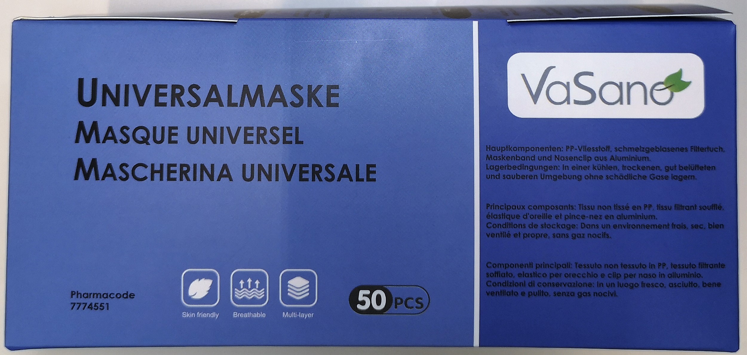 VaSano Universalmaske 3-schichtig 50 Stk Blau