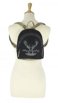 Kleine Domelo Rucksack Tasche aus schwarzem Leder bestickt mit Hirsch-Motiv 91503