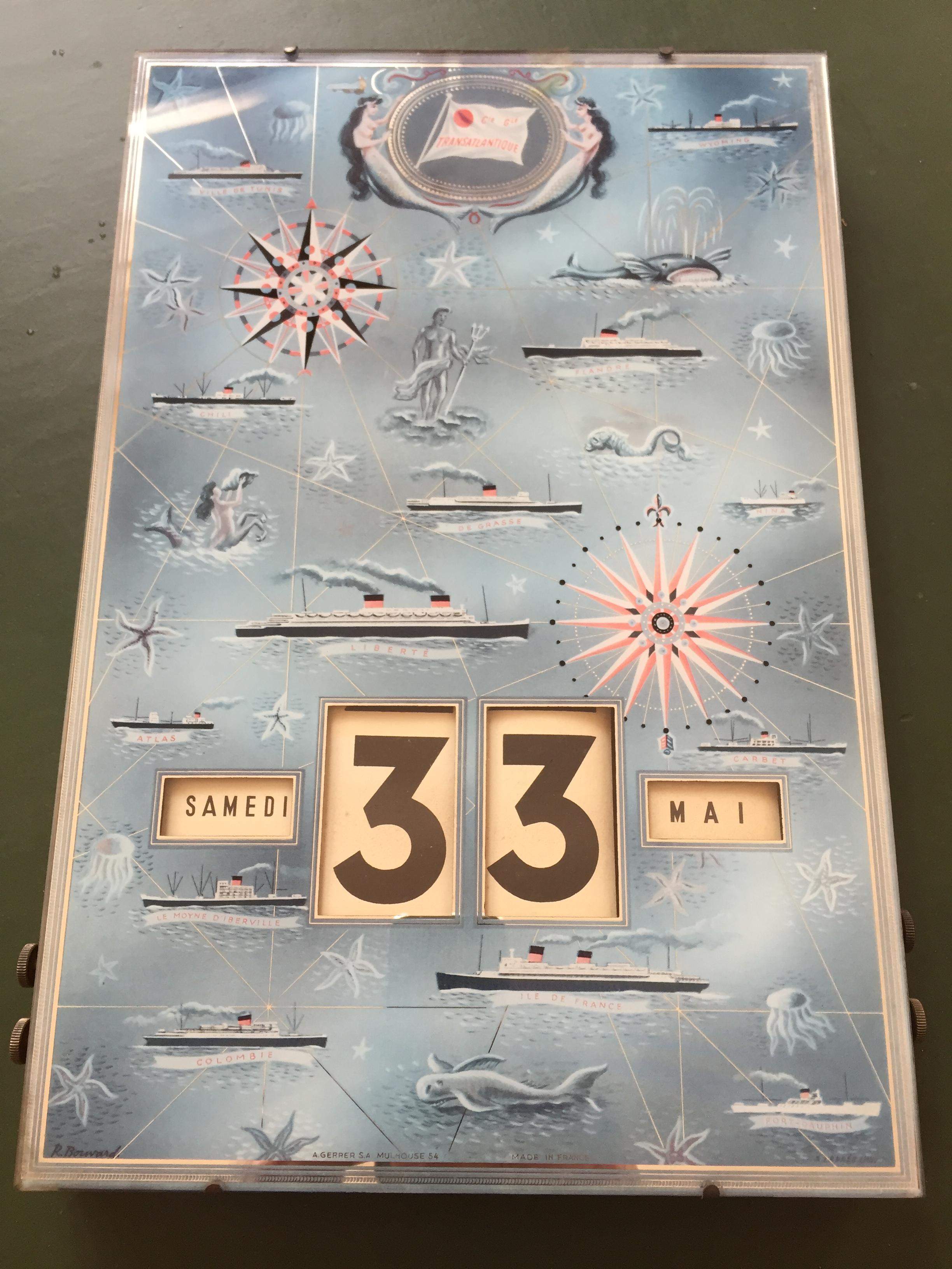 Hinterglas Dauerkalender Transatlantique CIE um 1954