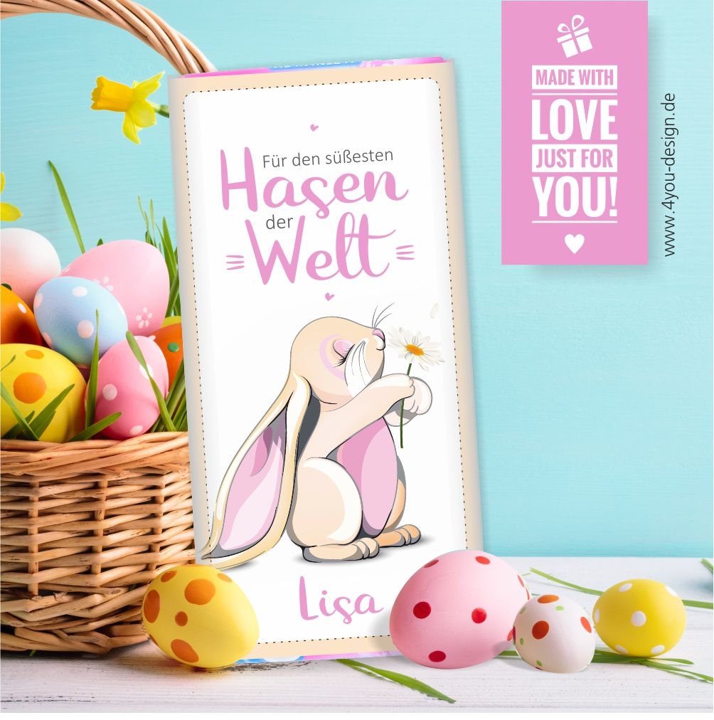 Schokolade - Personalisierte Osterschokolade "Für den süßesten Hasen der Welt“ (rosa Hase) mit Namen