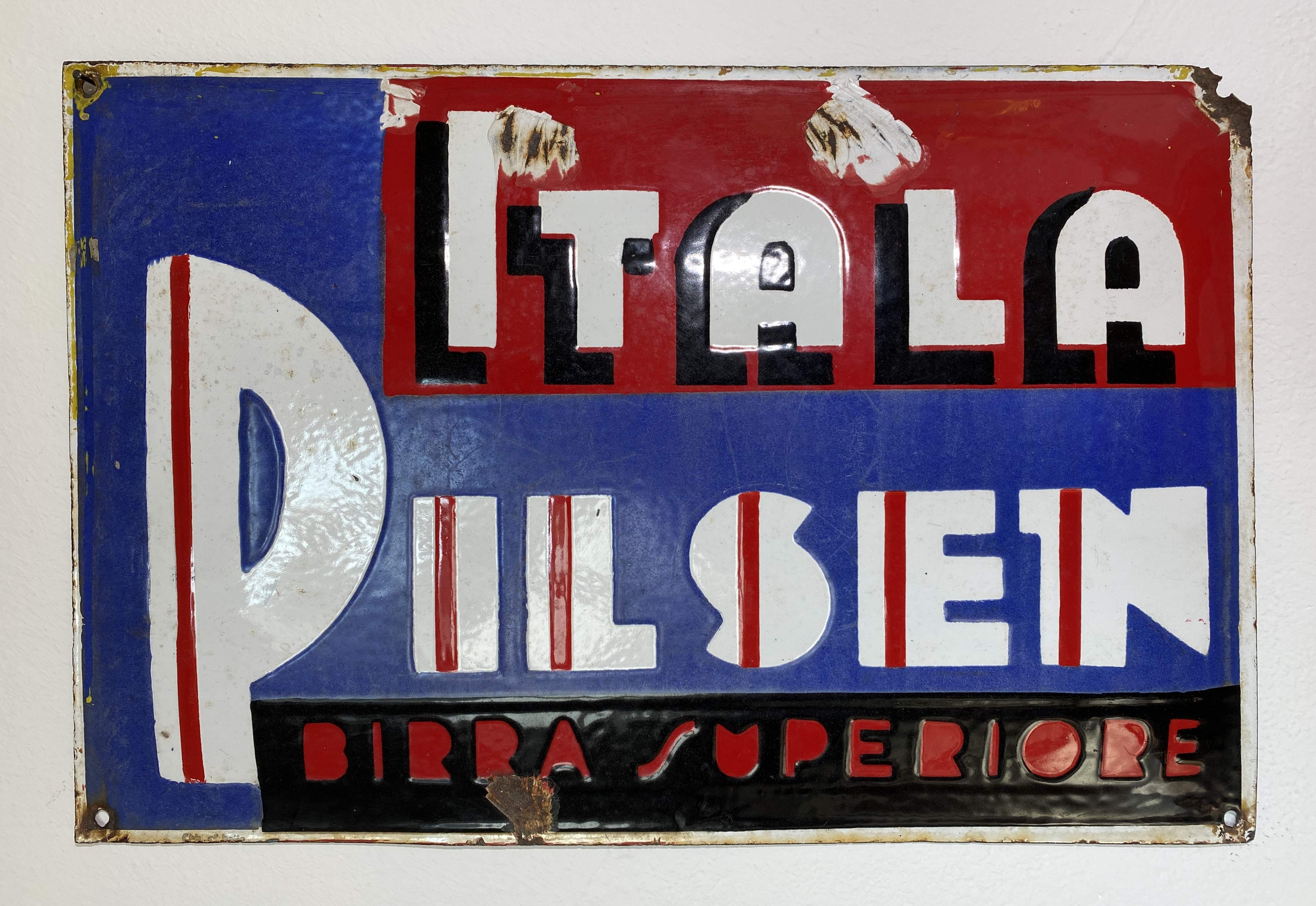 Emailschild Itala Pilsen Italien um 1920