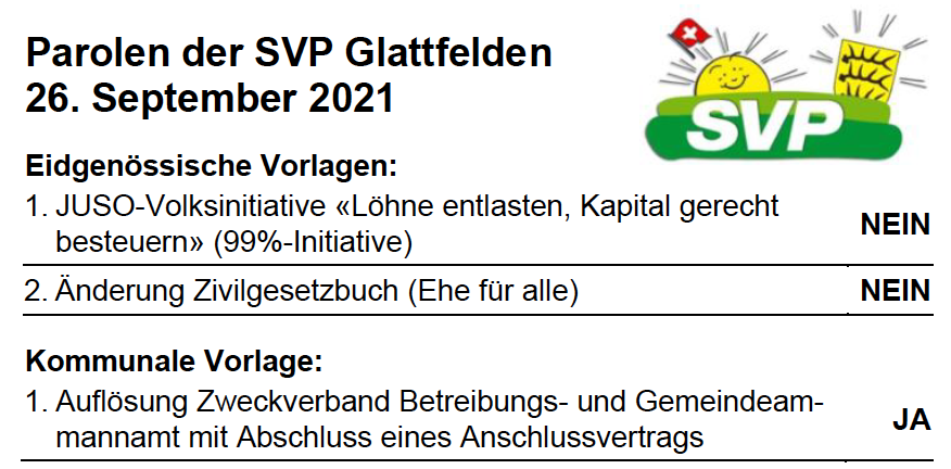 Parolen der SVP Glattfelden - 26. September 2021