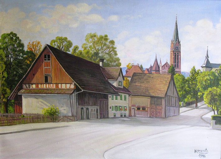 Ansicht Seite Schlossgasse von Maler Kovasitc 1946