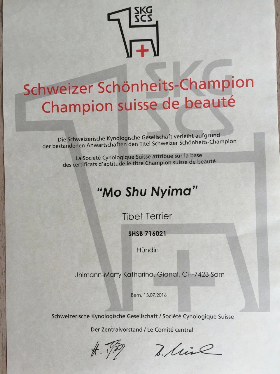 Mo Shu Nyima  Schönheits-Champion CH  13. Juli 2016