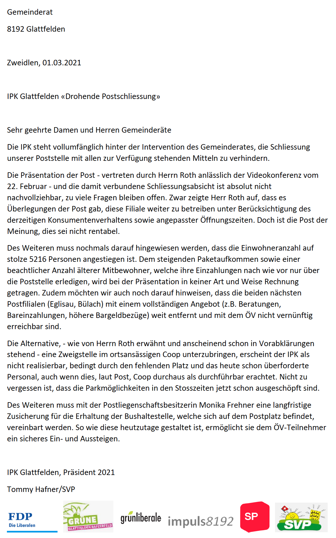 Postschliessung Glattfelden: Brief der IPK vom 1. März 2021
