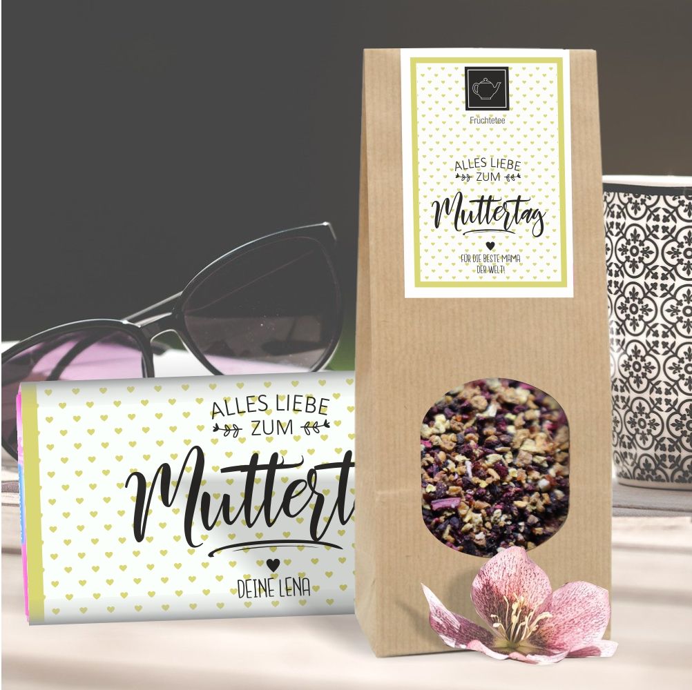 Geschenkset "Alles Liebe zum Muttertag" (Schokolade & Muttertags-Tee) - personalisiert