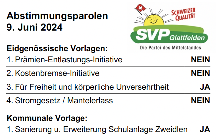 Parolen der SVP Glattfelden - 9. Juni 2024