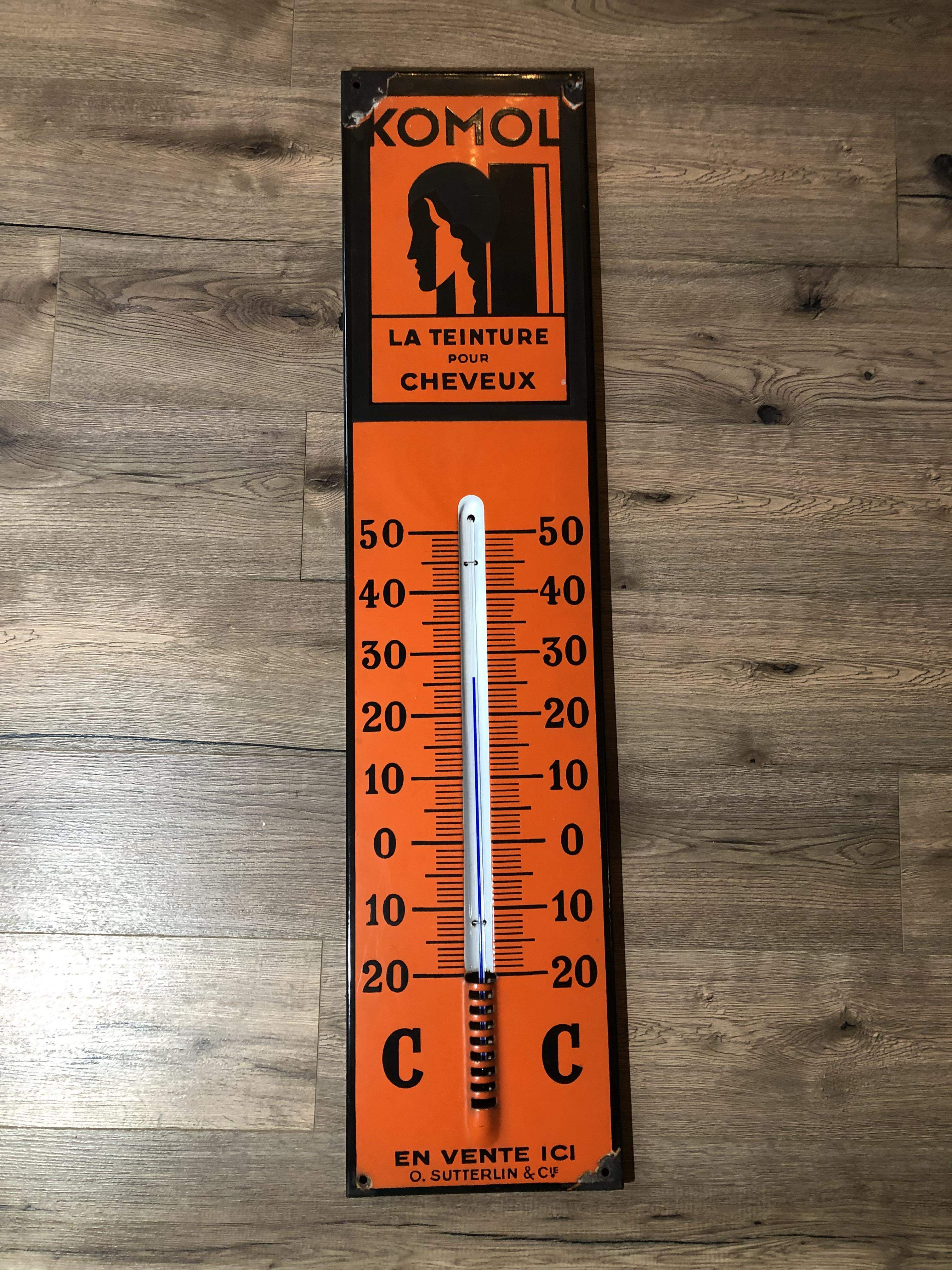 Emailschild-Thermometer Komol um 1930