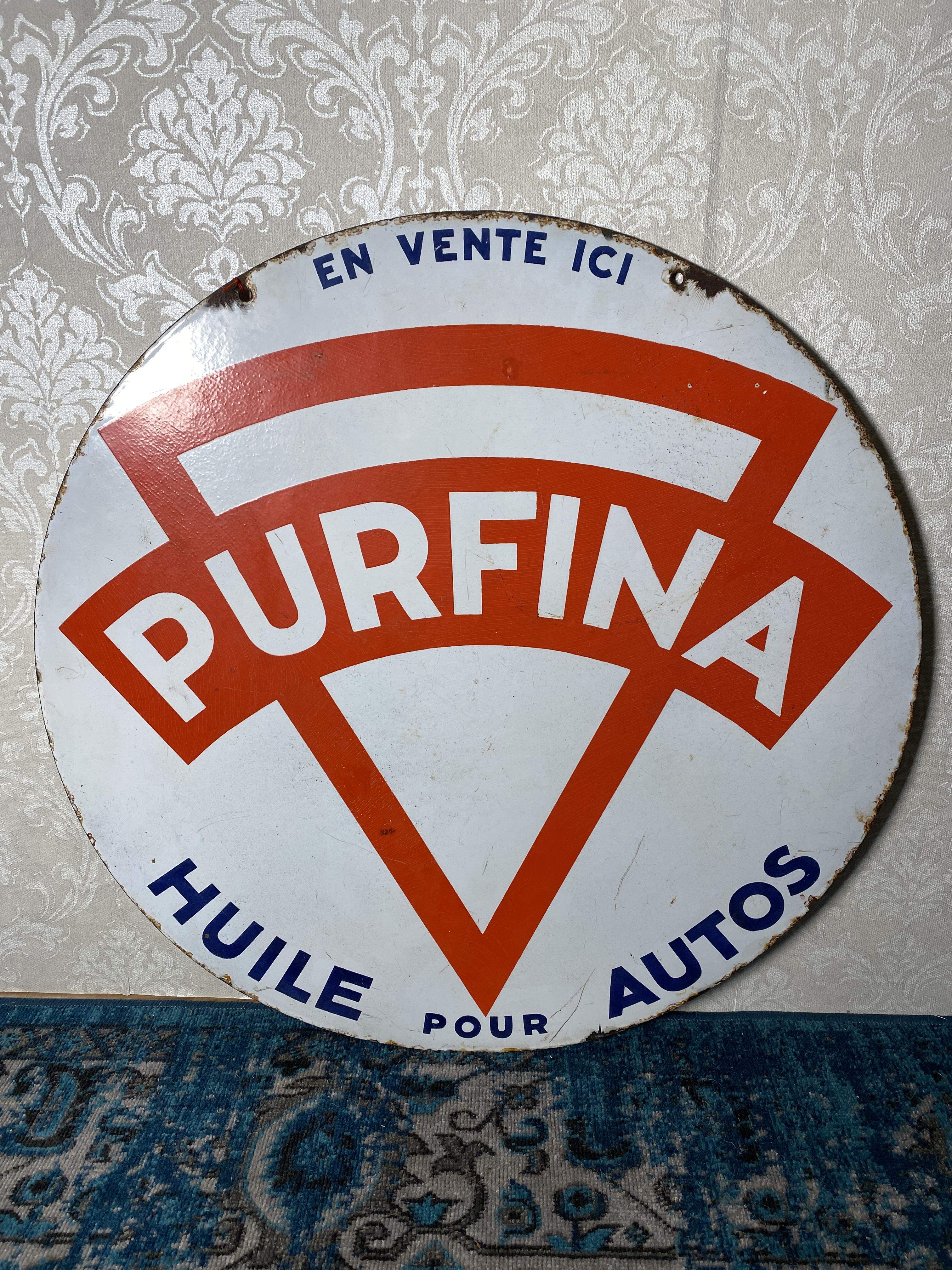 Emailschild Auto-Öl Purfina um 1930