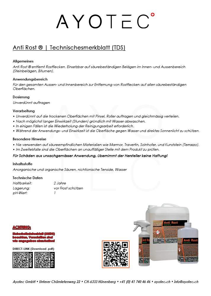 Technischesmerkblatt TDS Rostentferner Anti Rost Ayotec GmbH Schweiz
