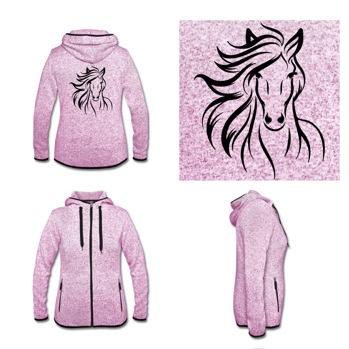Fleece Jacke mit Kapuze - Pferdekopf - in grau oder rosa