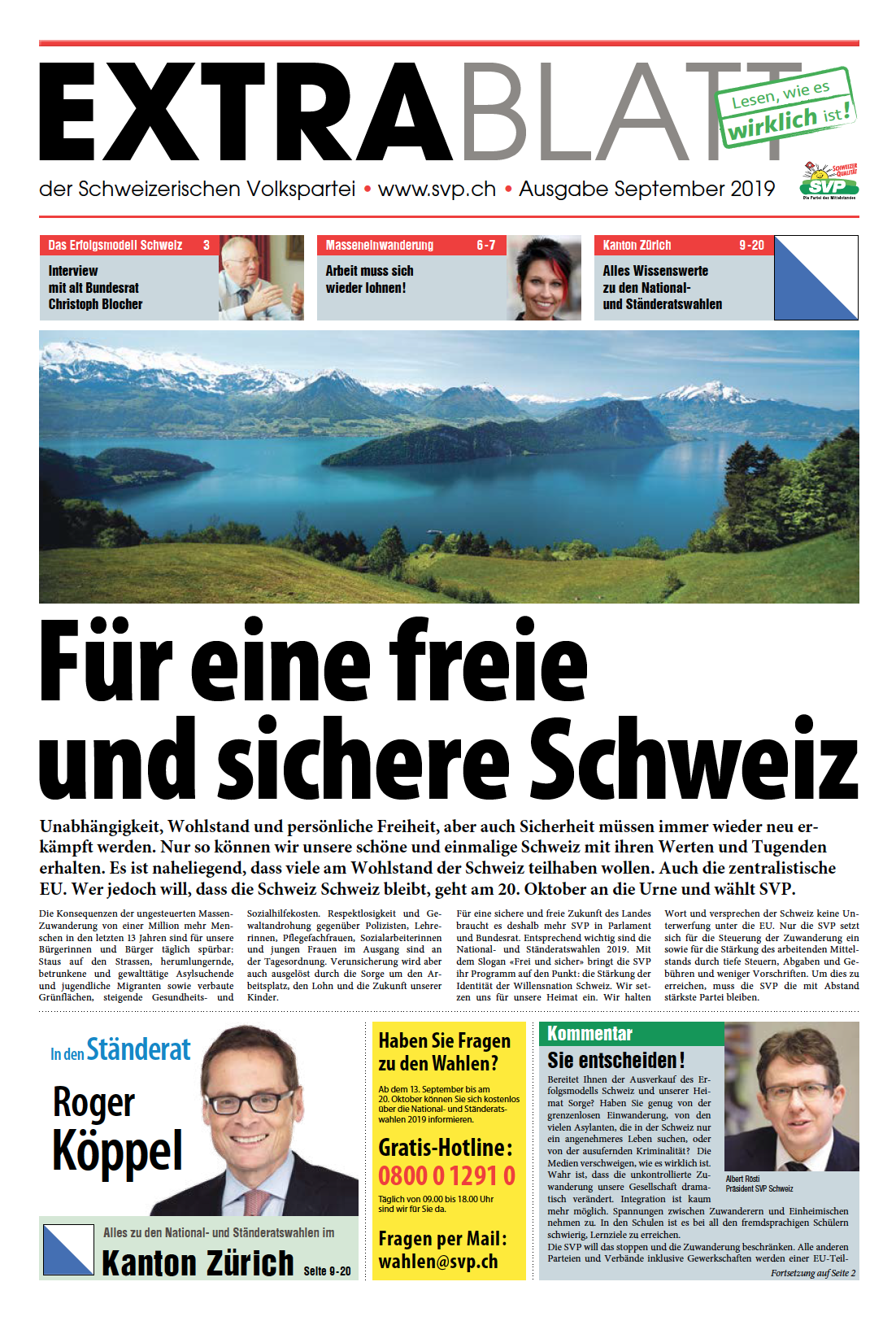 Extrablatt September 2019: Für eine freie und sichere Schweiz