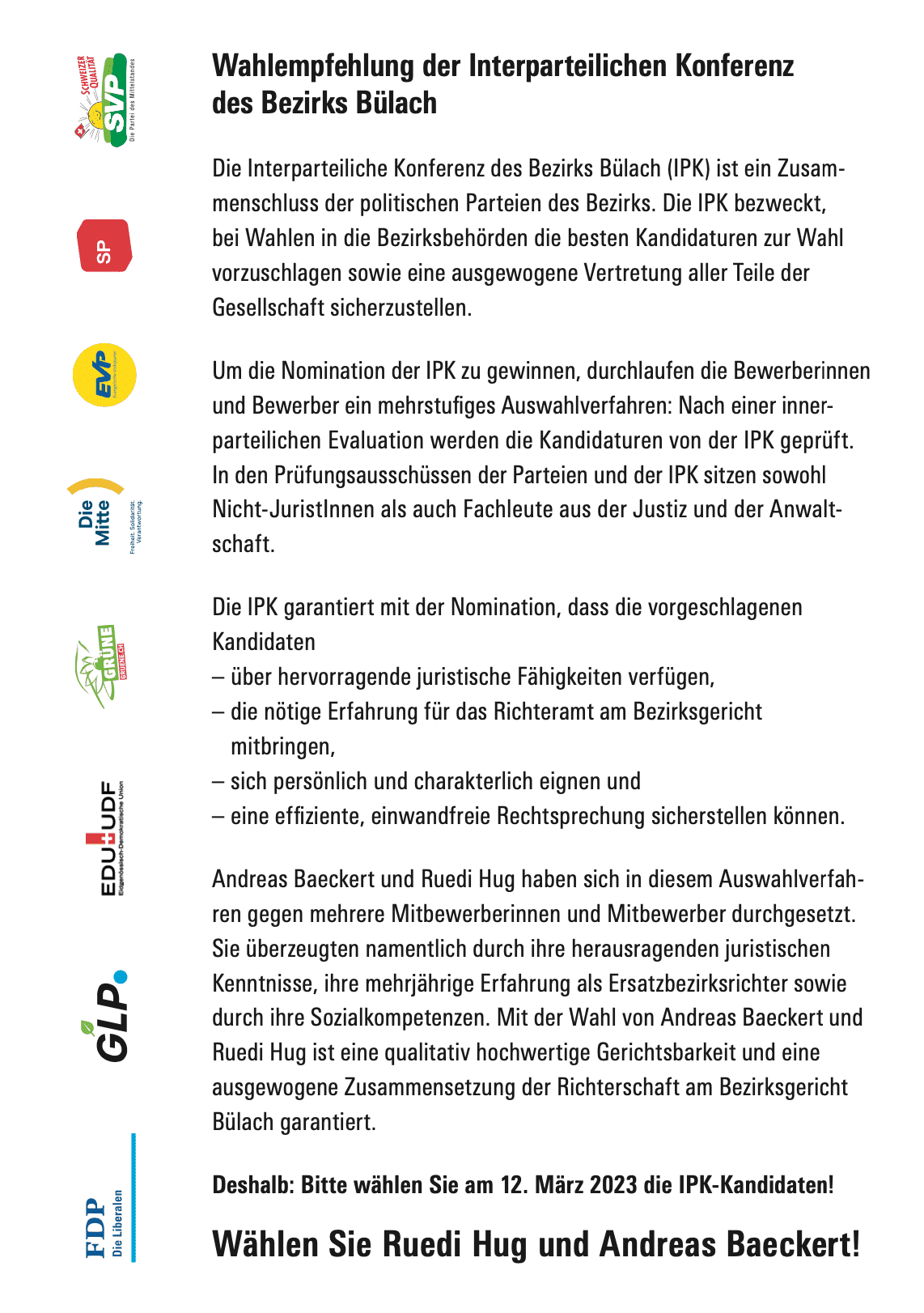 Bezirksrichterwahlen - Wahlempfehlung der IPK Bezirk Bülach