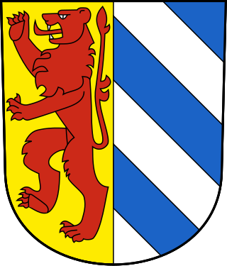 Das Wappen von der Gemeinde Eschenz: 1 roter Löwe auf gelbem Hintergrund