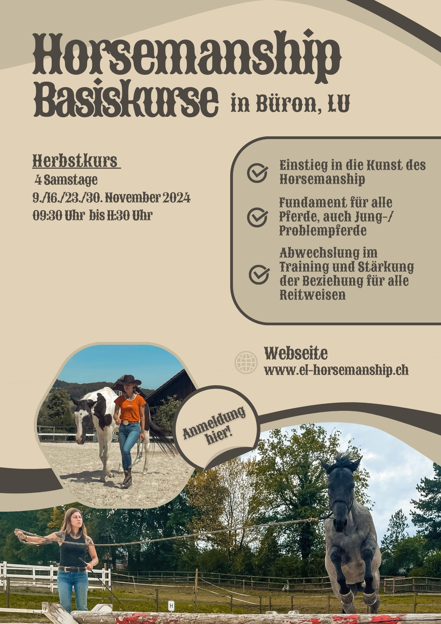 Horsemanship Basis Herbstkurs mit Schulpferd  9/16/23/30 November 2024