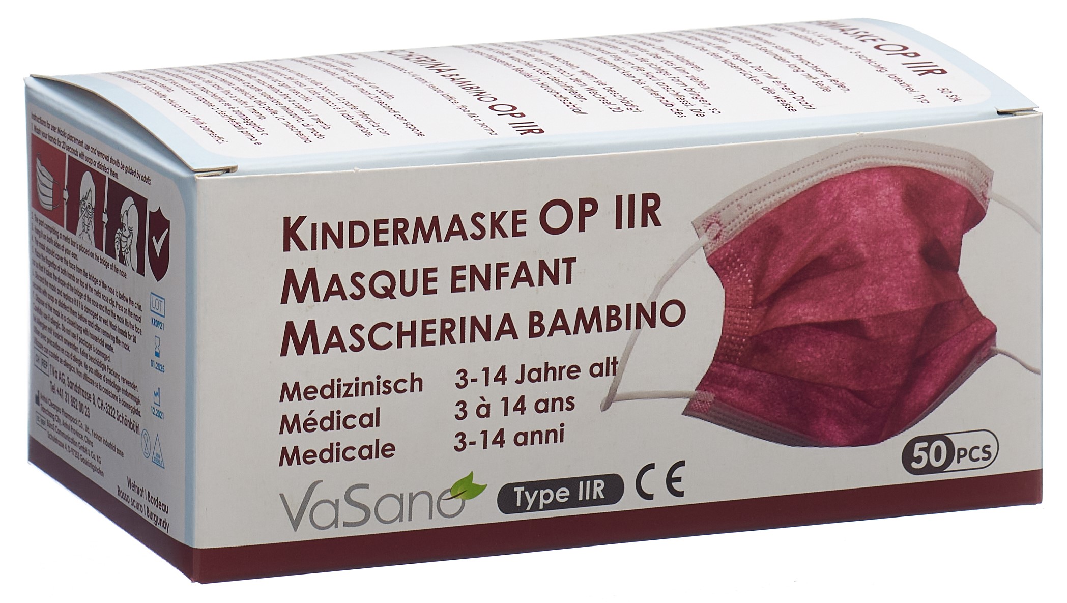 VaSano Kinder Maske Typ IIR bordeaux/weinrot 3-14 Jahre