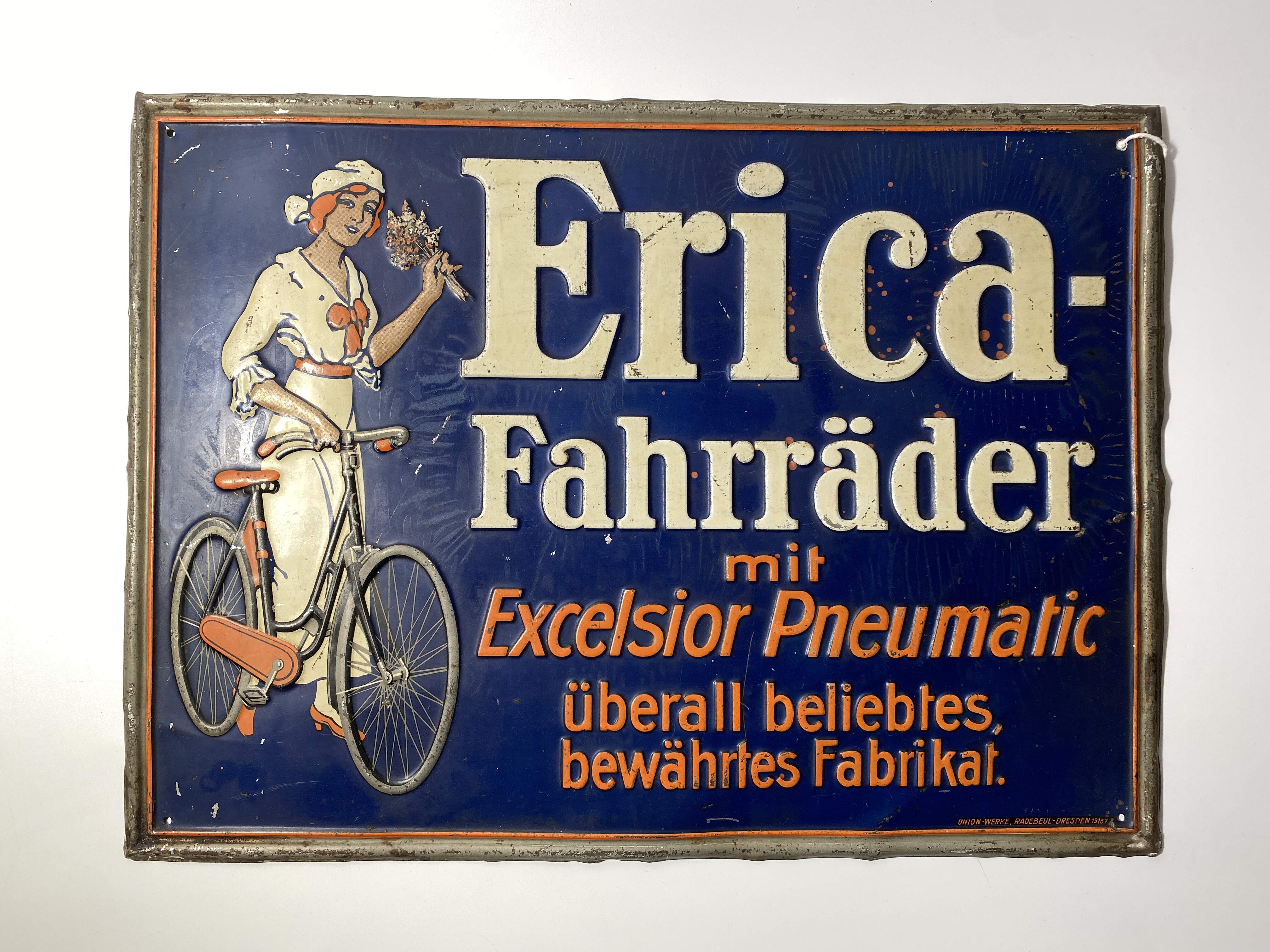 Altes Blechschild Erica Fahrräder um 1920