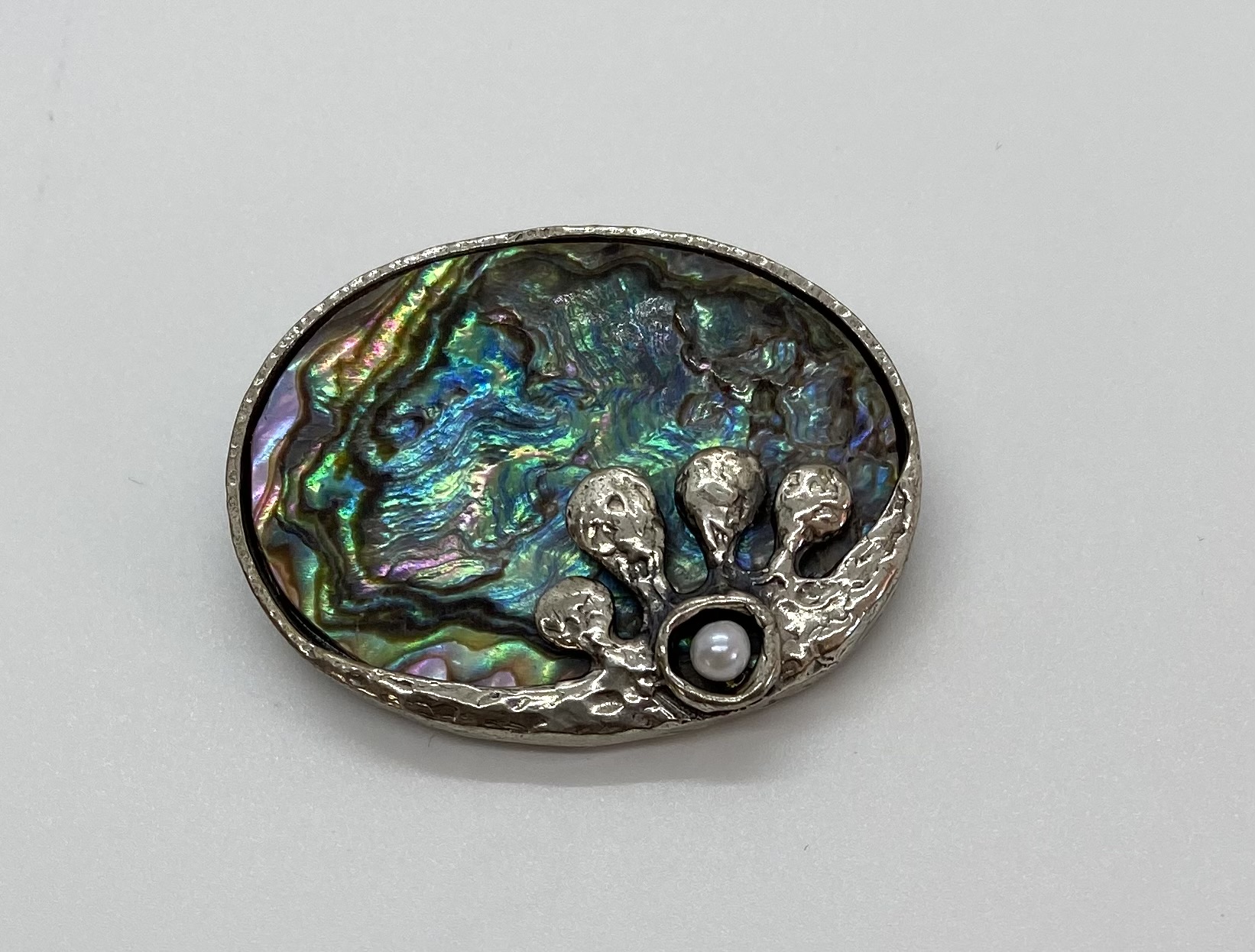 Silber (800er) Brosche mit Perlmutt und Perle