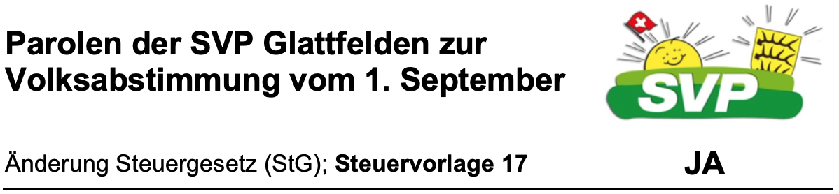 Parolen der SVP Glattfelden - 1. September 2019