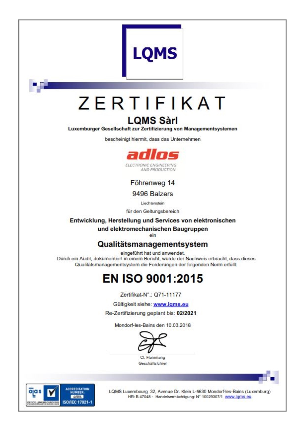 03/2018: Zertifizierung nach EN ISO 9001:2015