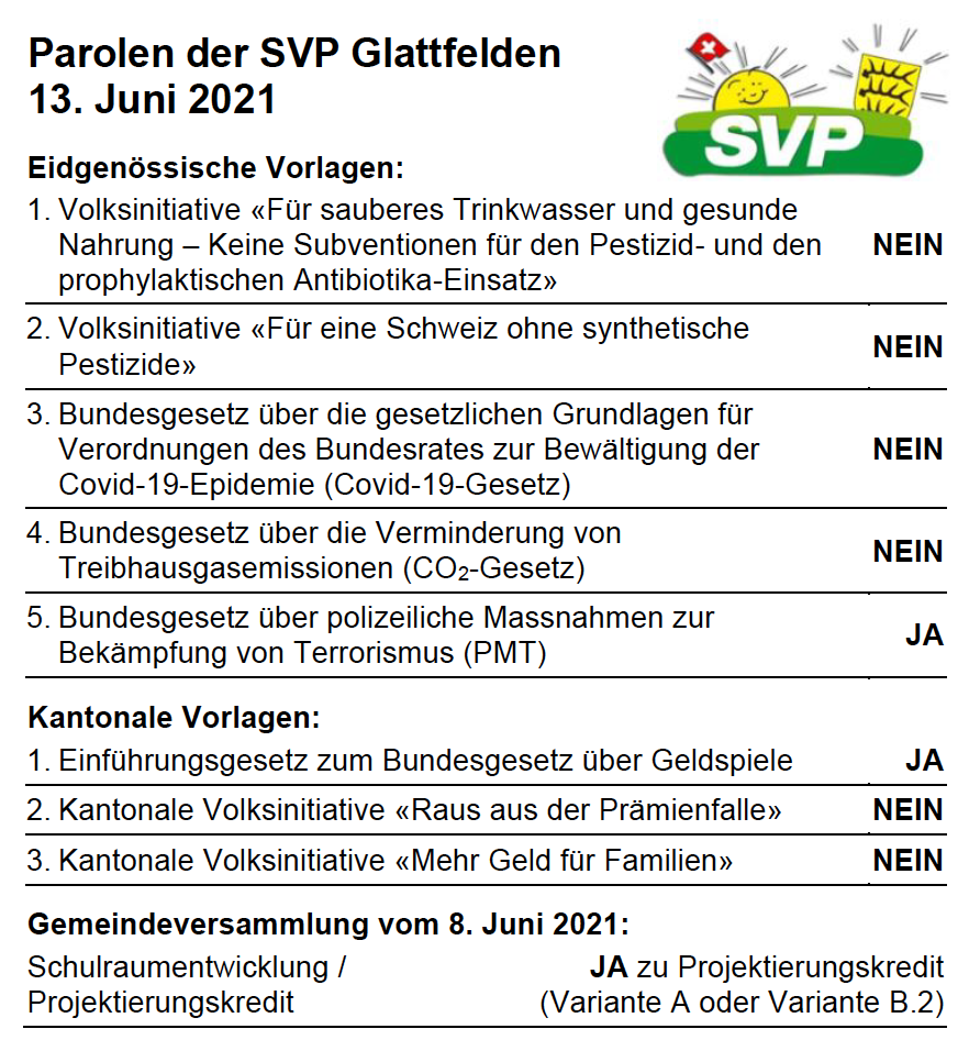 Parolen der SVP Glattfelden - 13. Juni 2021