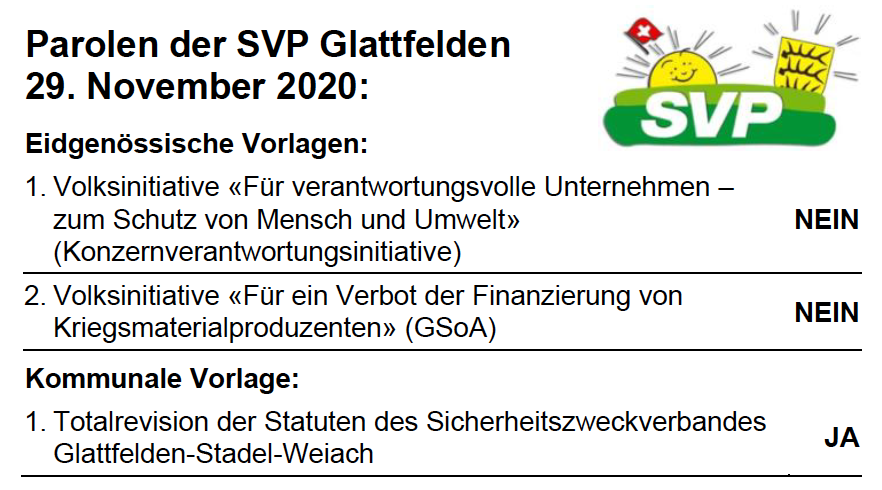 Parolen der SVP Glattfelden - 29. November 2020
