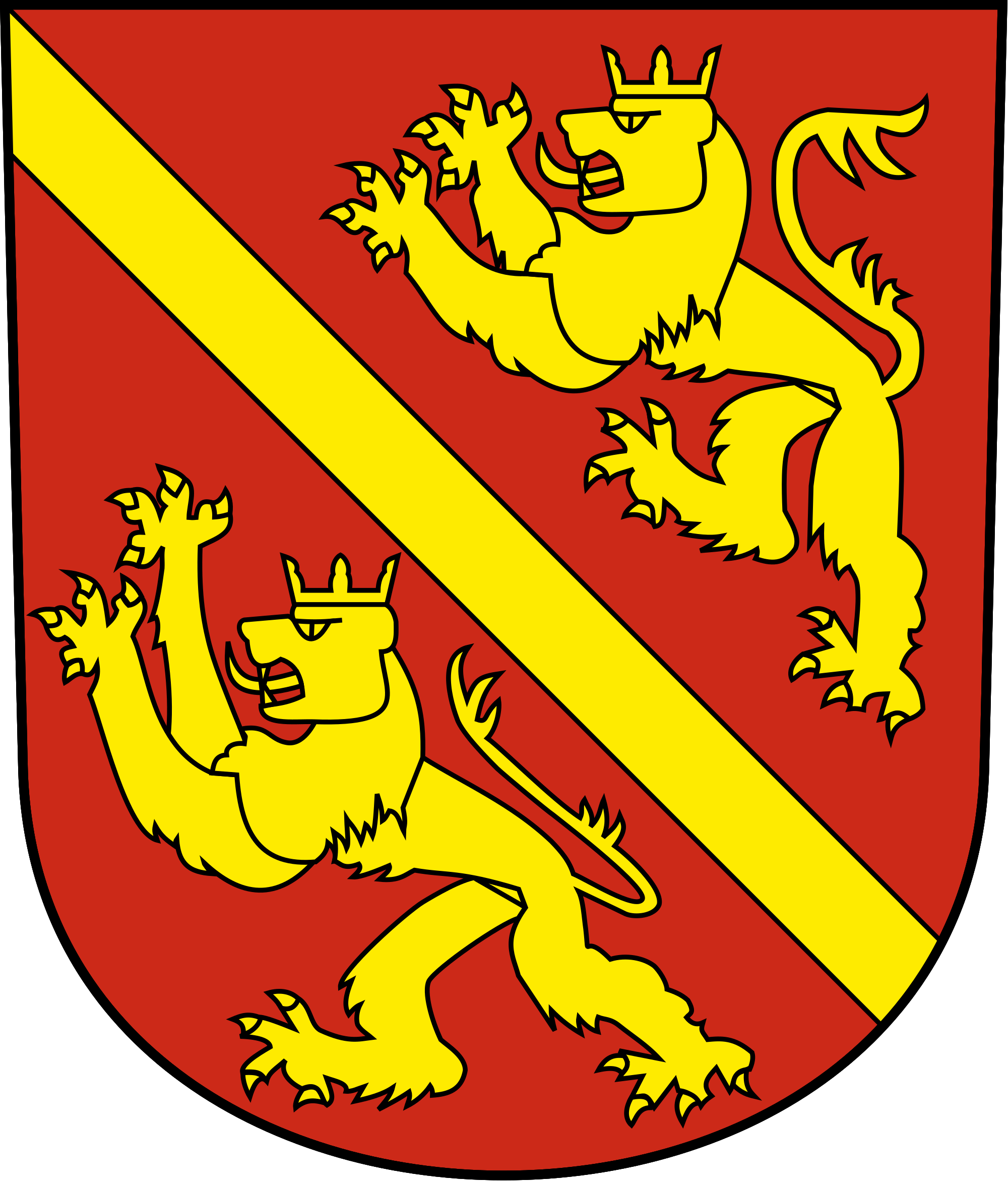 Das Wappen von Diessenhofen: zwei goldene Löwen auf rotem Hintergrund