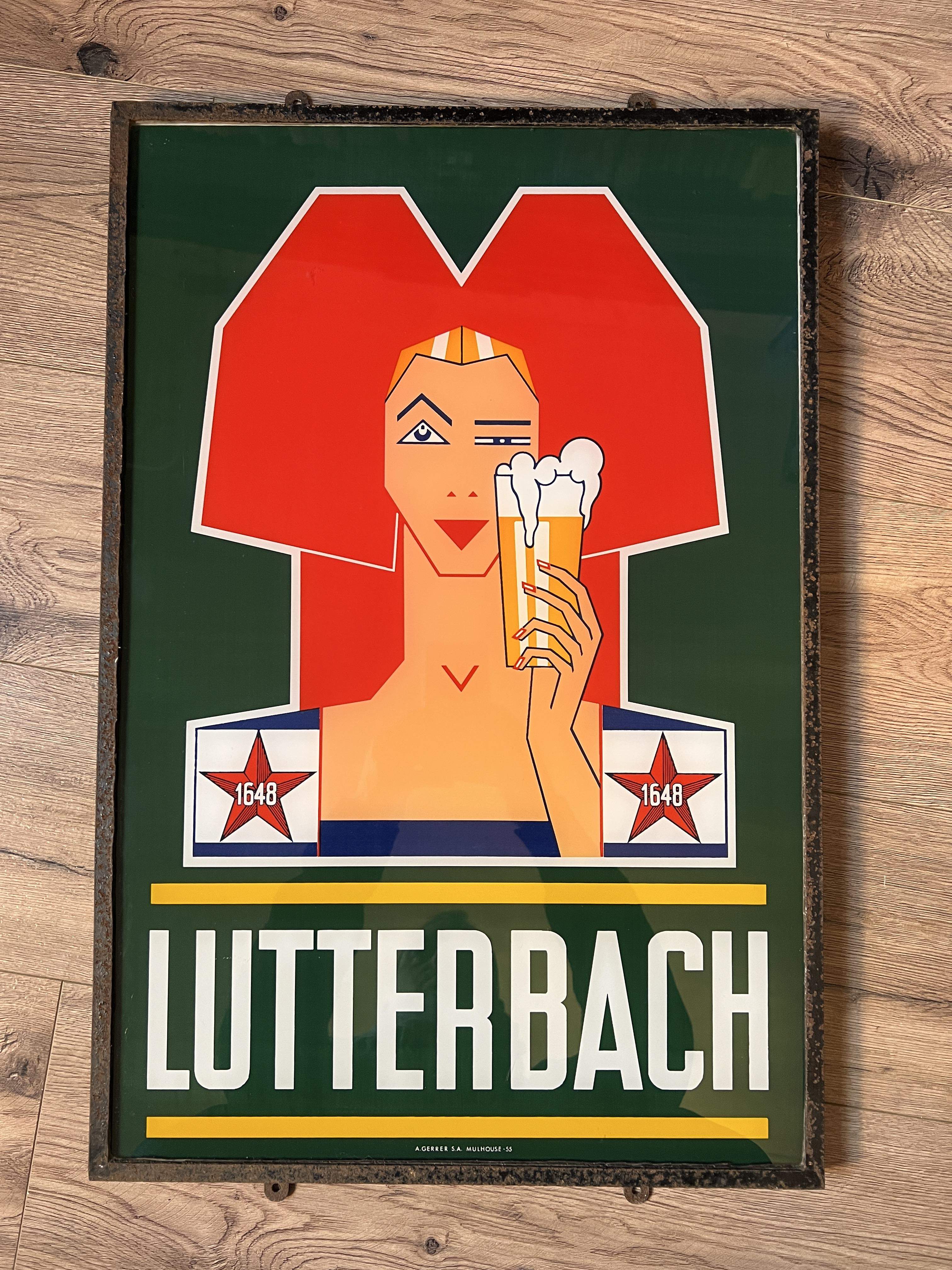 Bieres Lutterbach Glaschild / Plaque en verre  1955