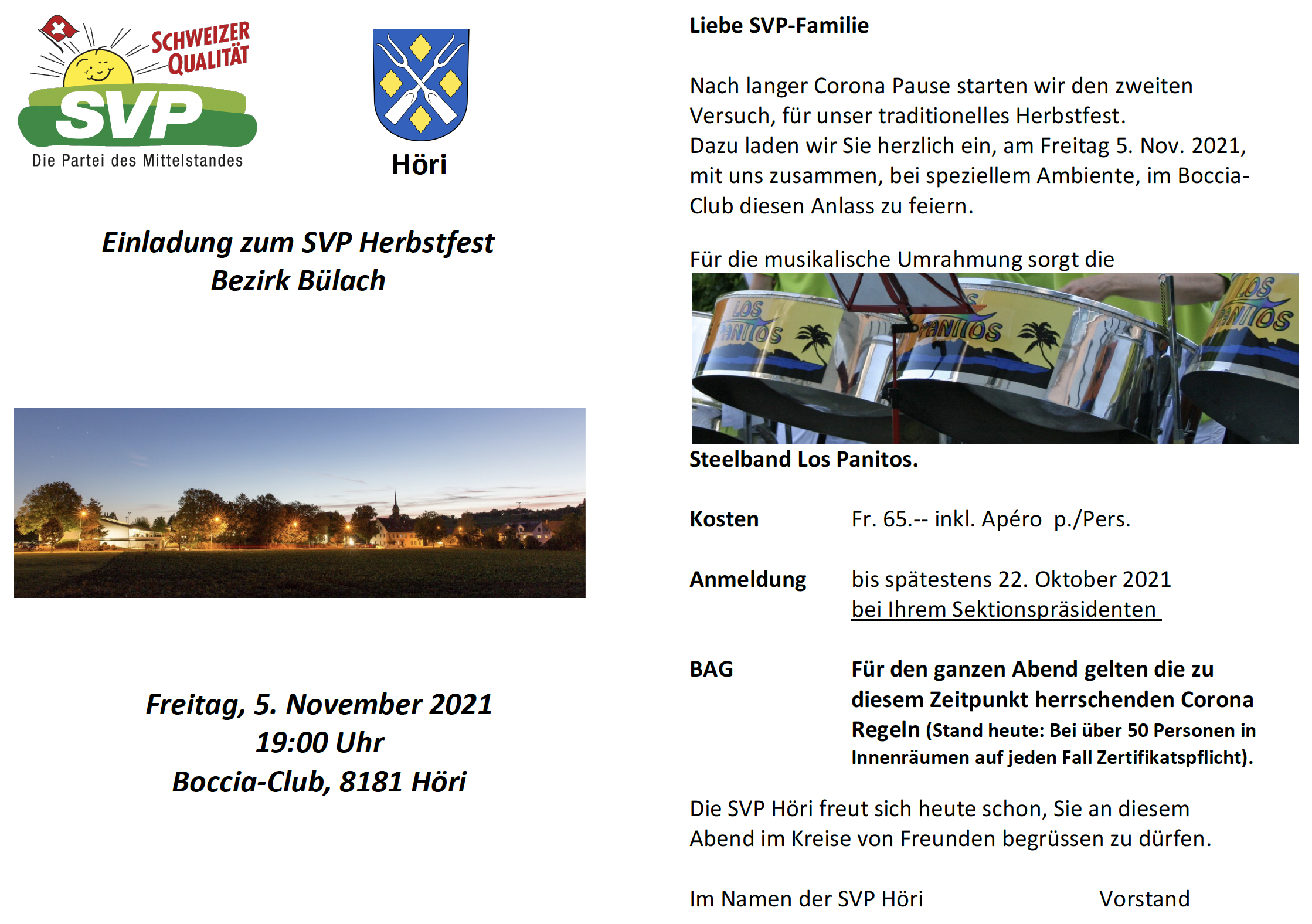 Einladung zum Herbstfest der SVP Bezirk Bülach am 5. November in Höri