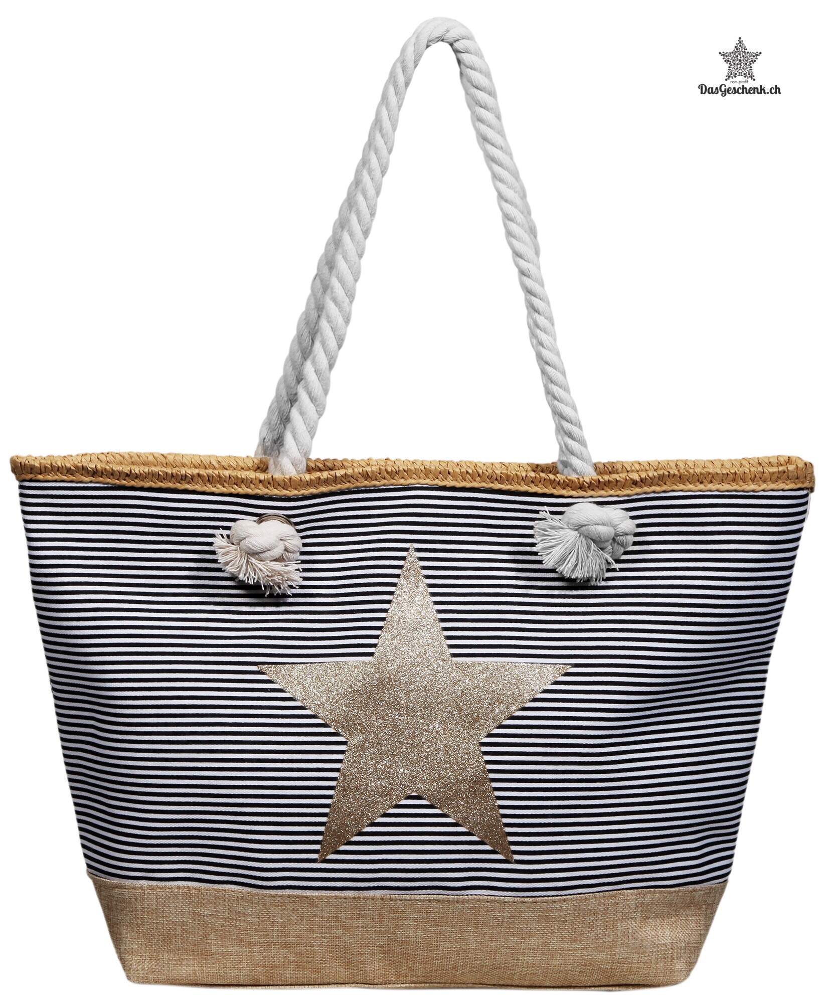 Strandtasche aus Textil, Bast mit Stern Motiv