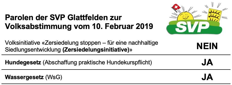 Parolen der SVP Glattfelden - 10. Februar 2019