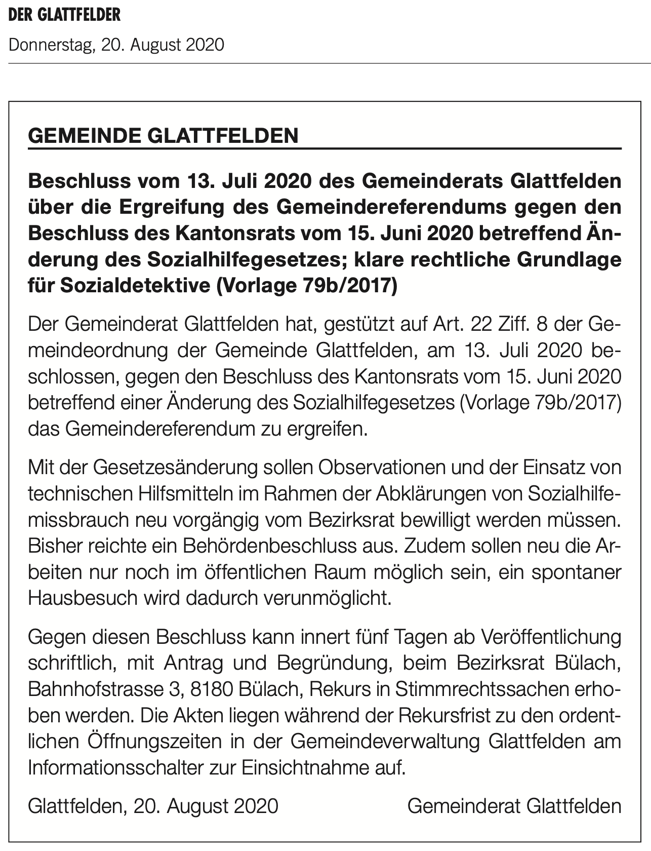 Glattfelden unterstützt Gemeindereferendum