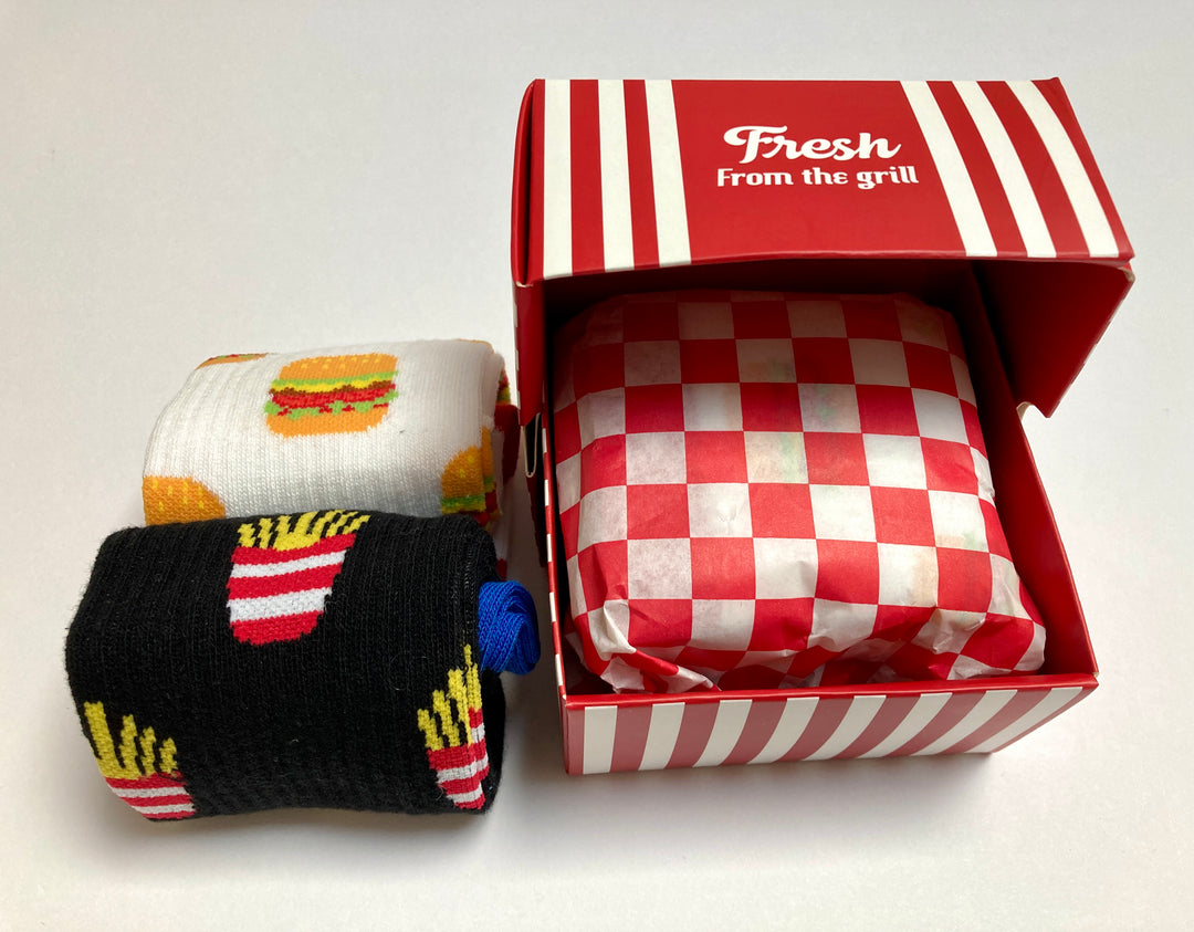 Burger-Socken – 2 Paar - in einer Box verpackt wie ein echter Burger