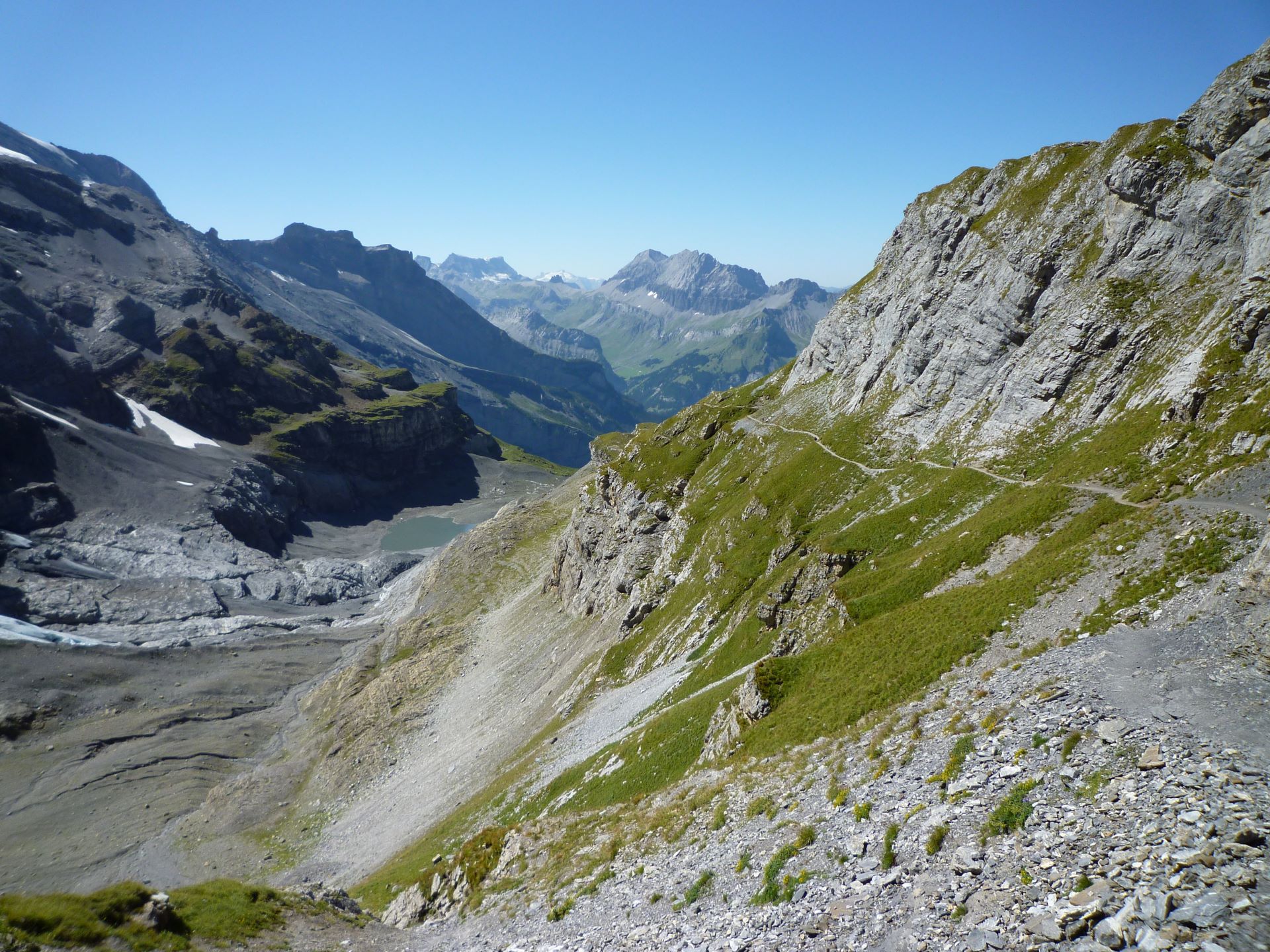 Die Blicke schweifen zwischen Gletscher und fernen Alpengipfeln hin und her