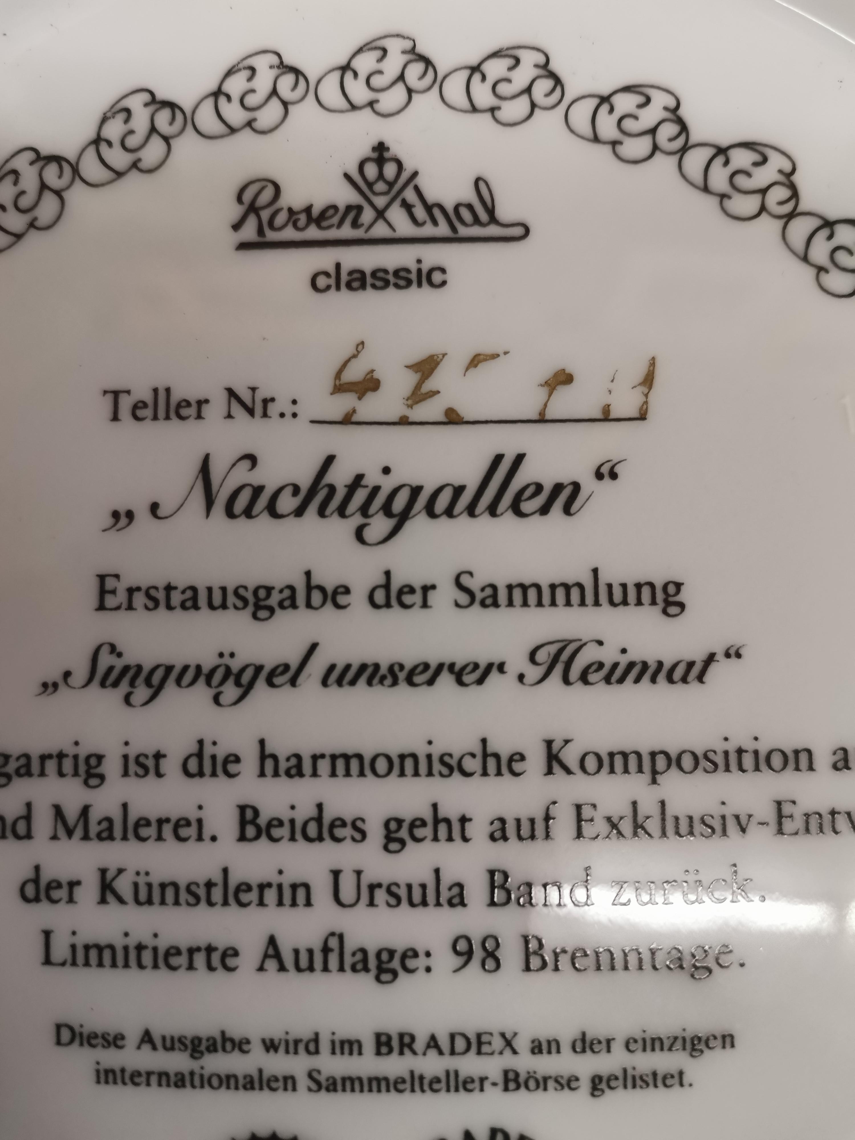 Rosenthal Sammelteller Wandteller „Nachtigallen“