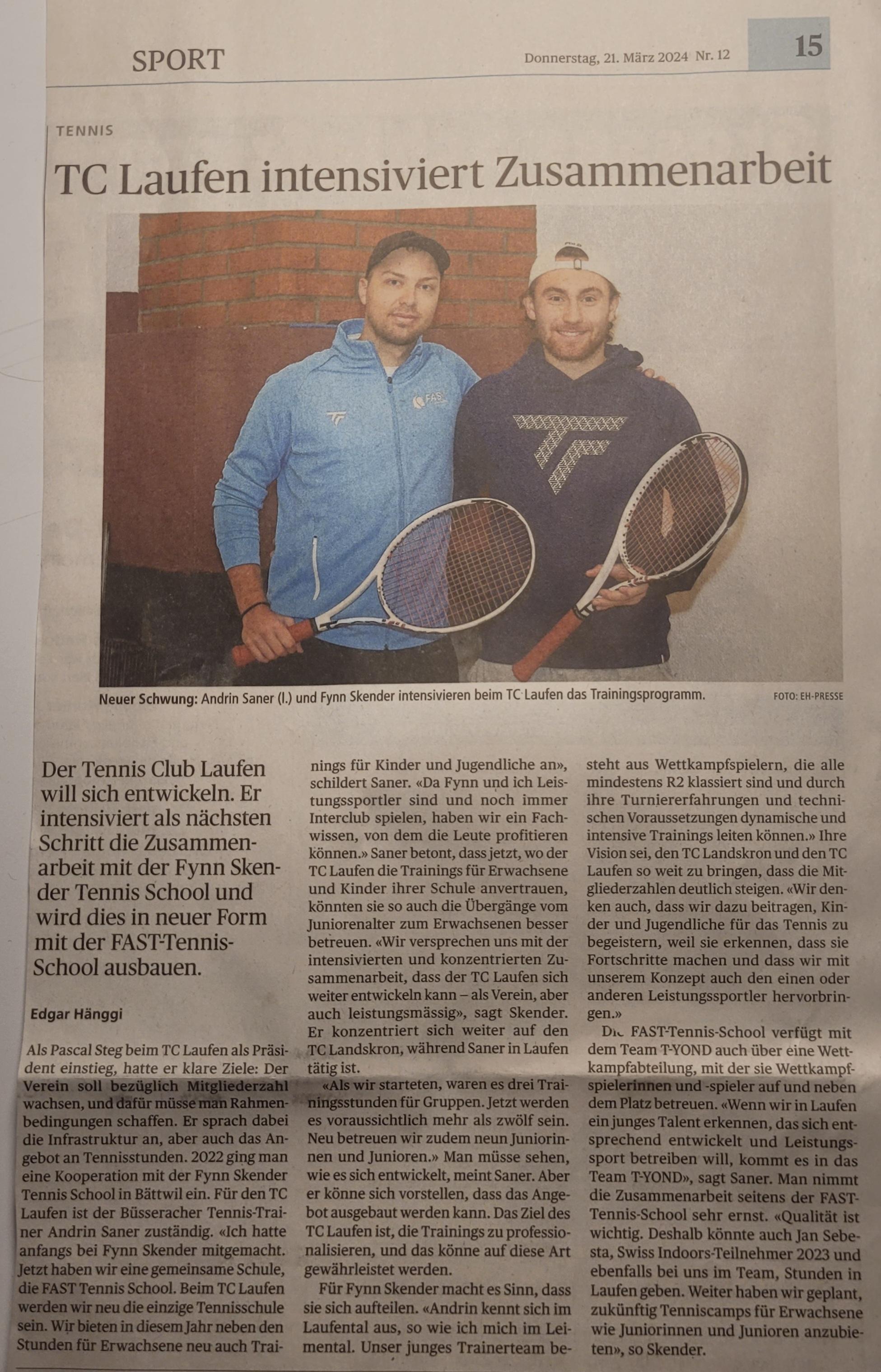 2024-03-21 Wochenblatt-Bericht TC Laufen Zusammenarbeit mit FAST Tennis Schooljpg