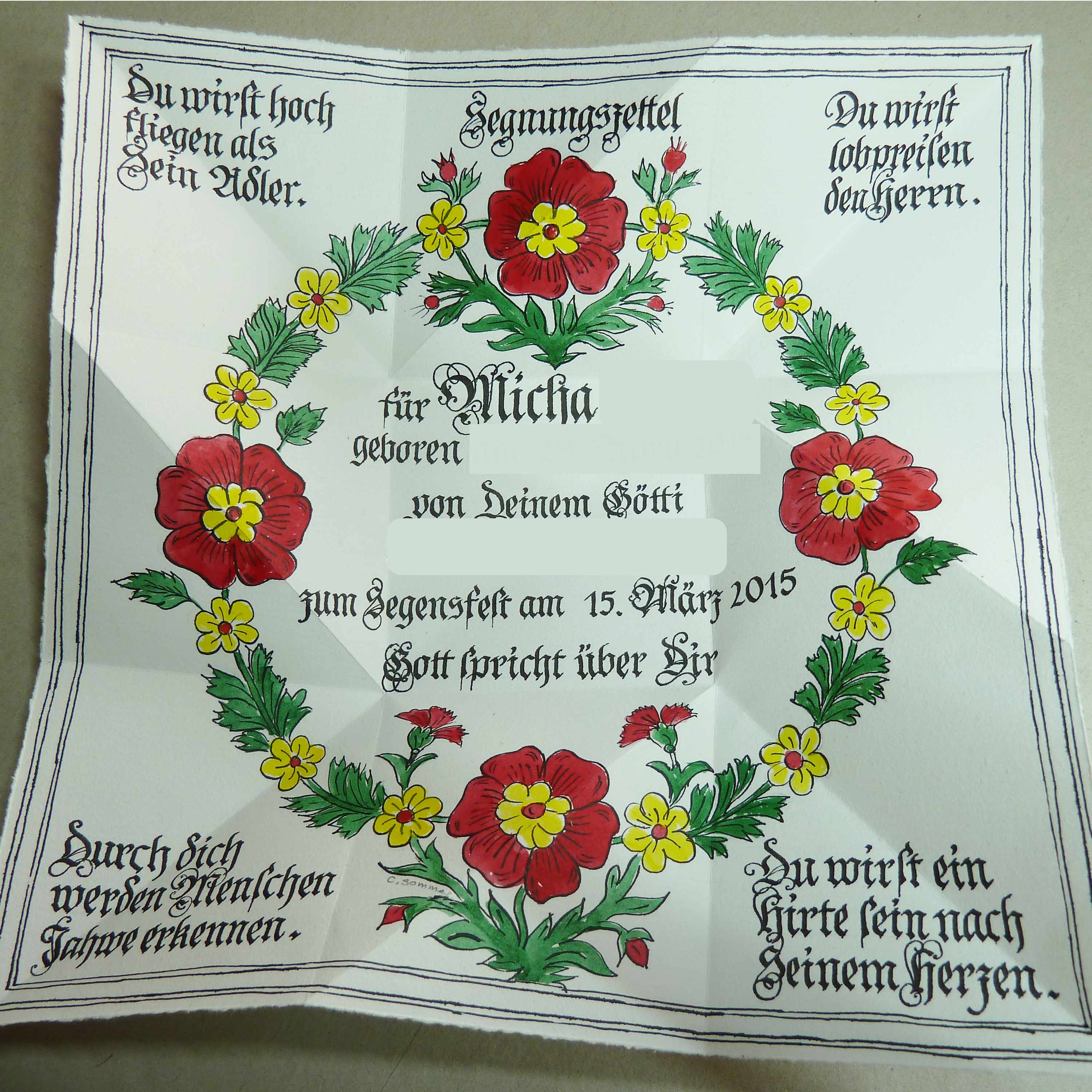 Hutzli-Fraktur, schwarze Gouache, Zeichnung koloriert, 25 x 35 cm