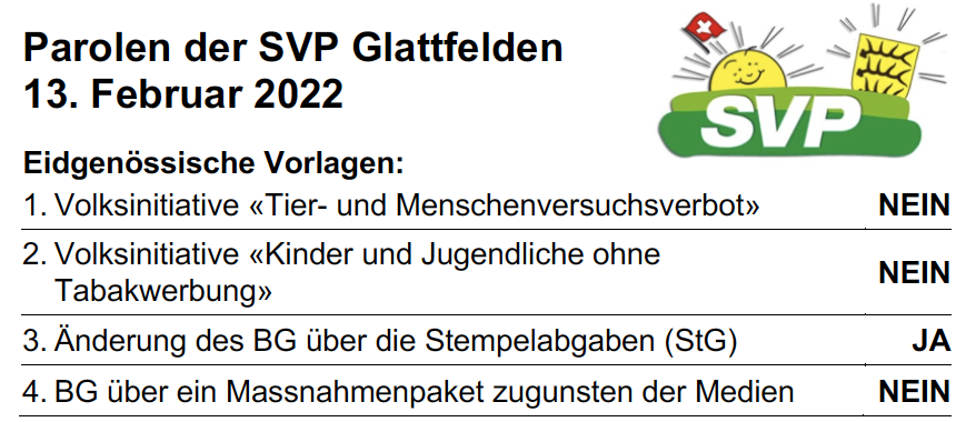 Parolen der SVP Glattfelden - 13. Februar 2022