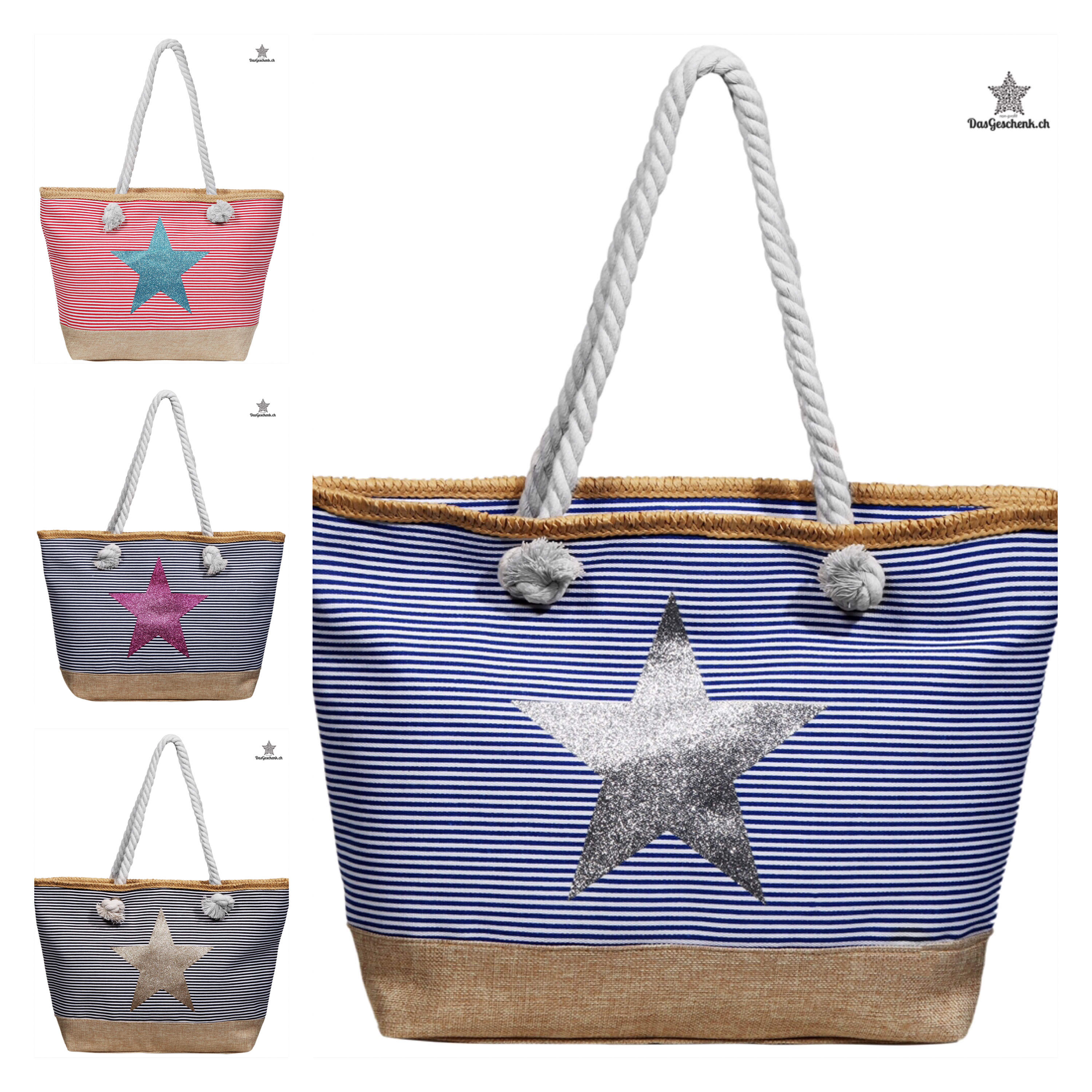 Strandtasche aus Textil, Bast mit Stern Motiv