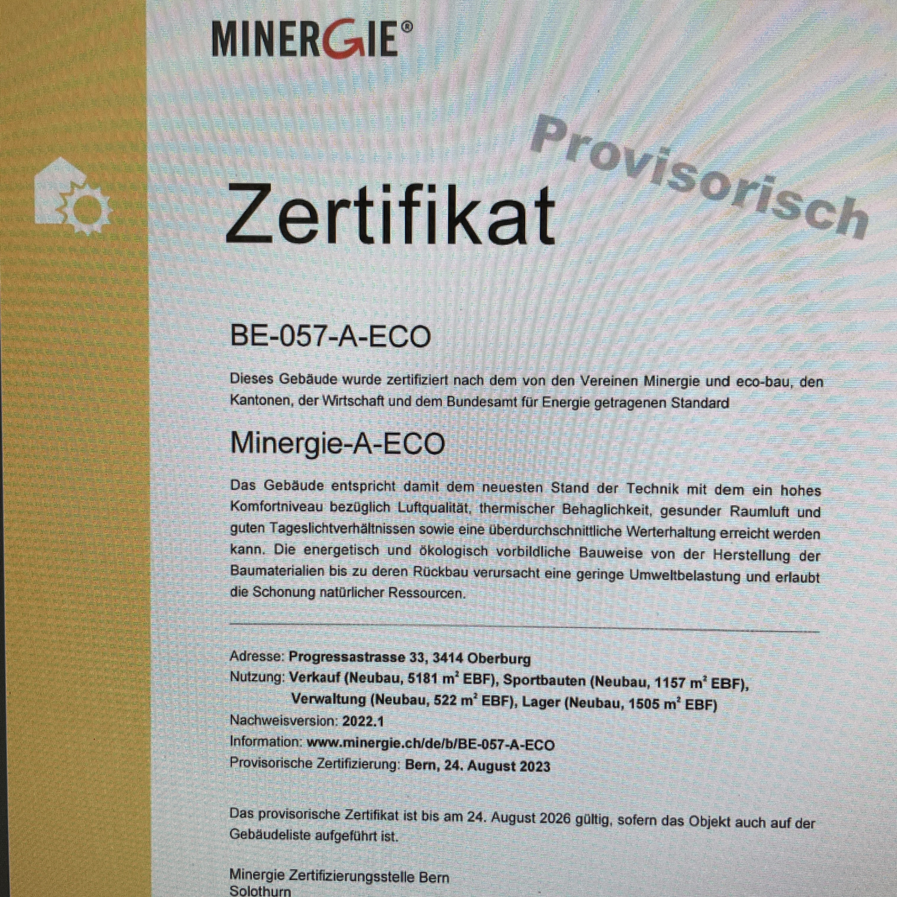 Ersatzneubau COOP Kombi VST Oberburg - prov. Minergie Zertifikat BE-057-A-ECO
