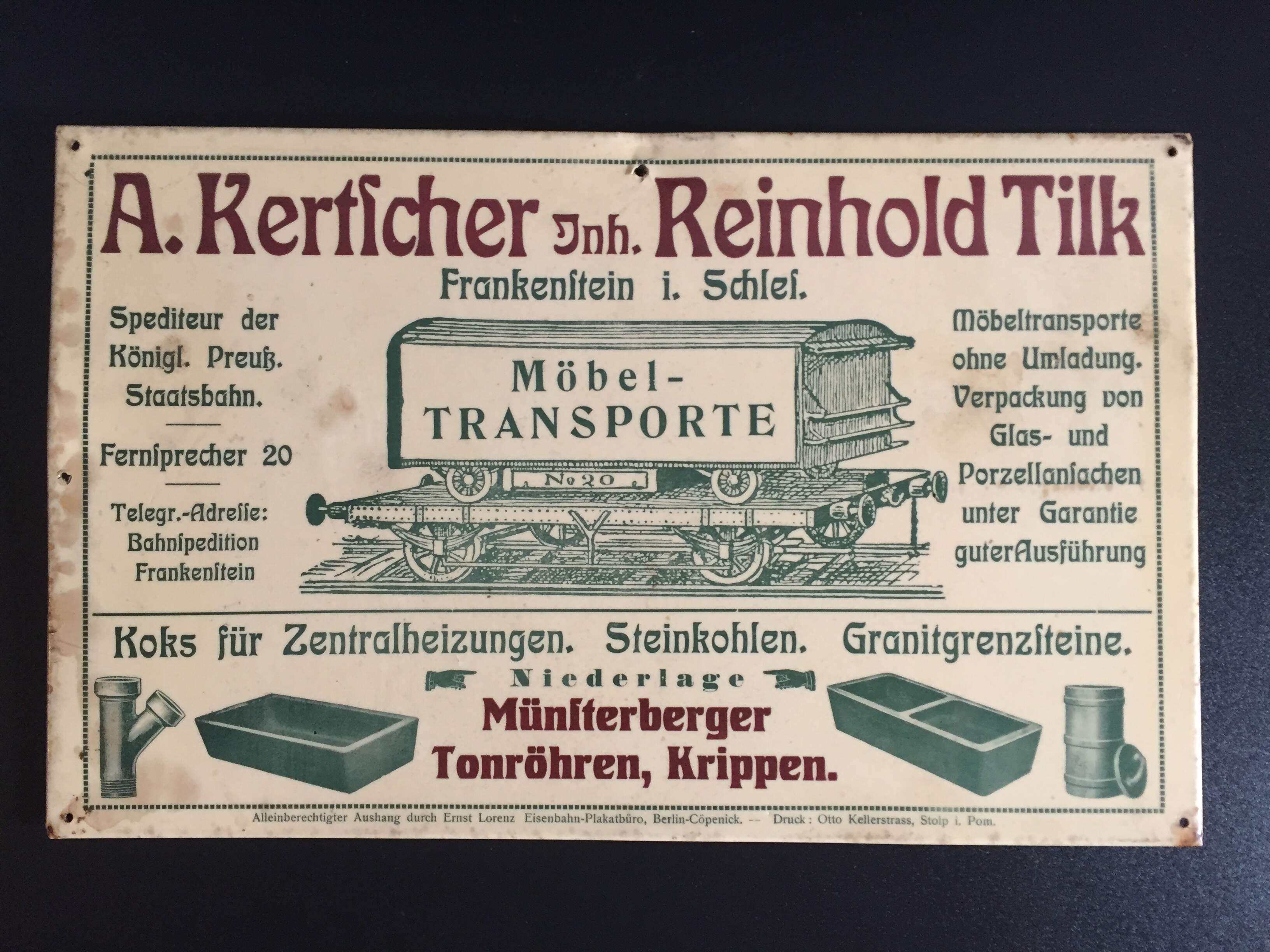 Blechschild Reinhold Tilk Möbeltranporte um 1900