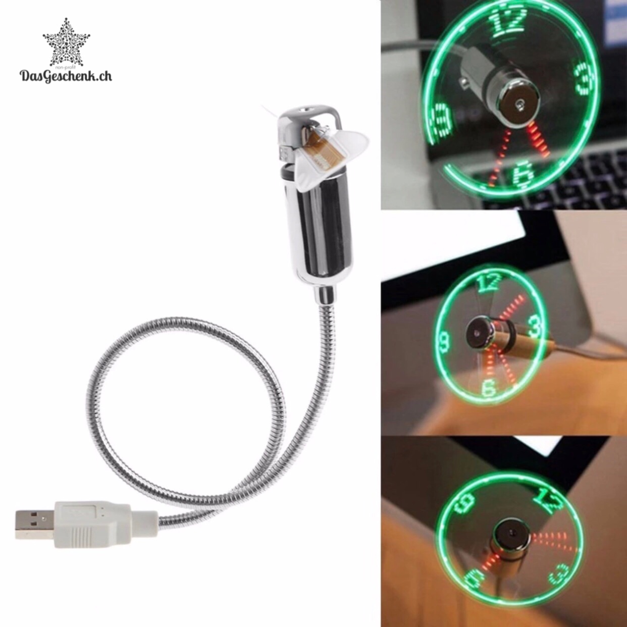 Mini USB Ventilator biegbar + LED Uhrzeit Anzeige - Silber