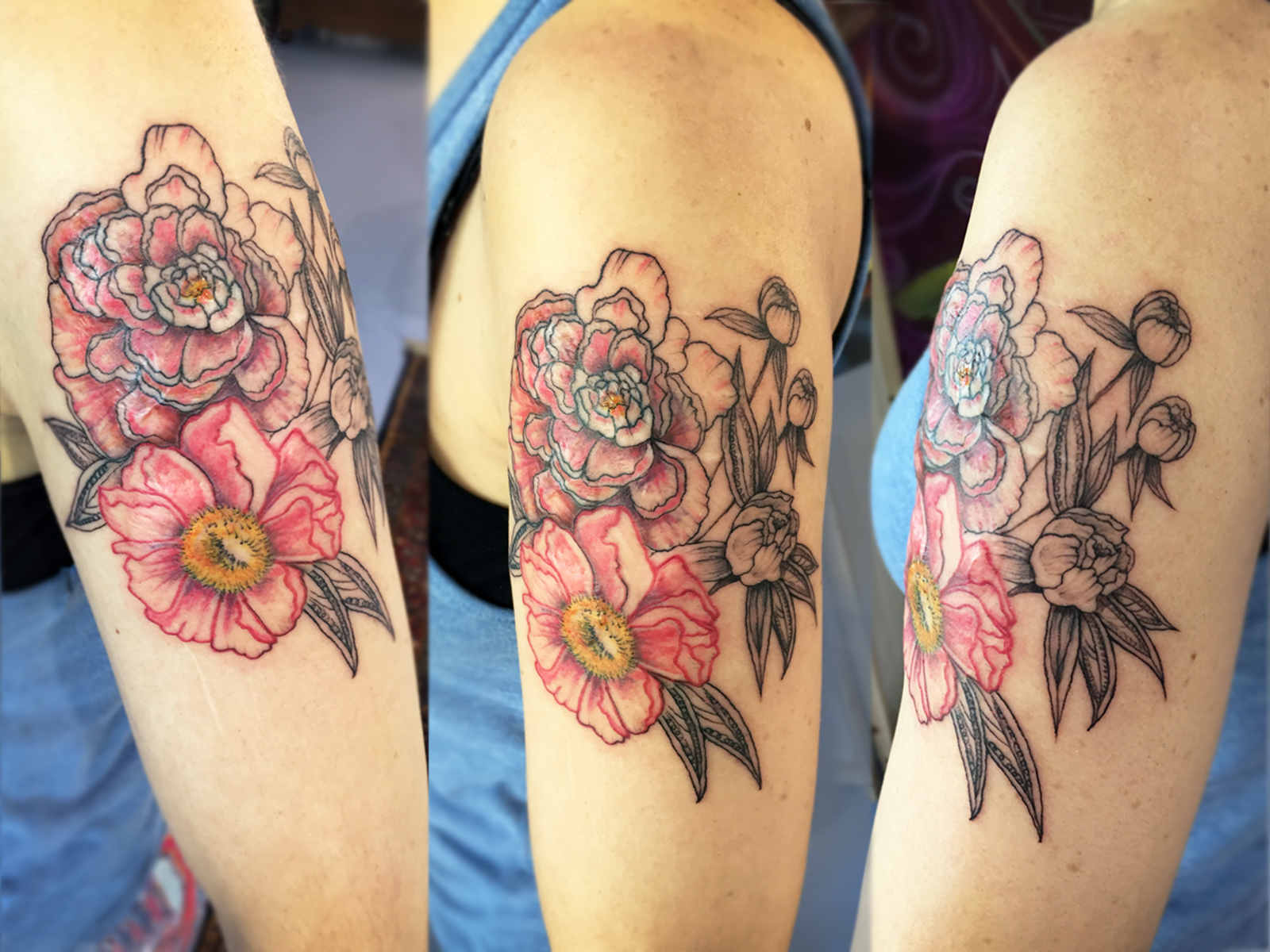 Sie wollte das florale Tattoo hell, die Narben abgedeckt und nicht zu viel Haut tätowiert.