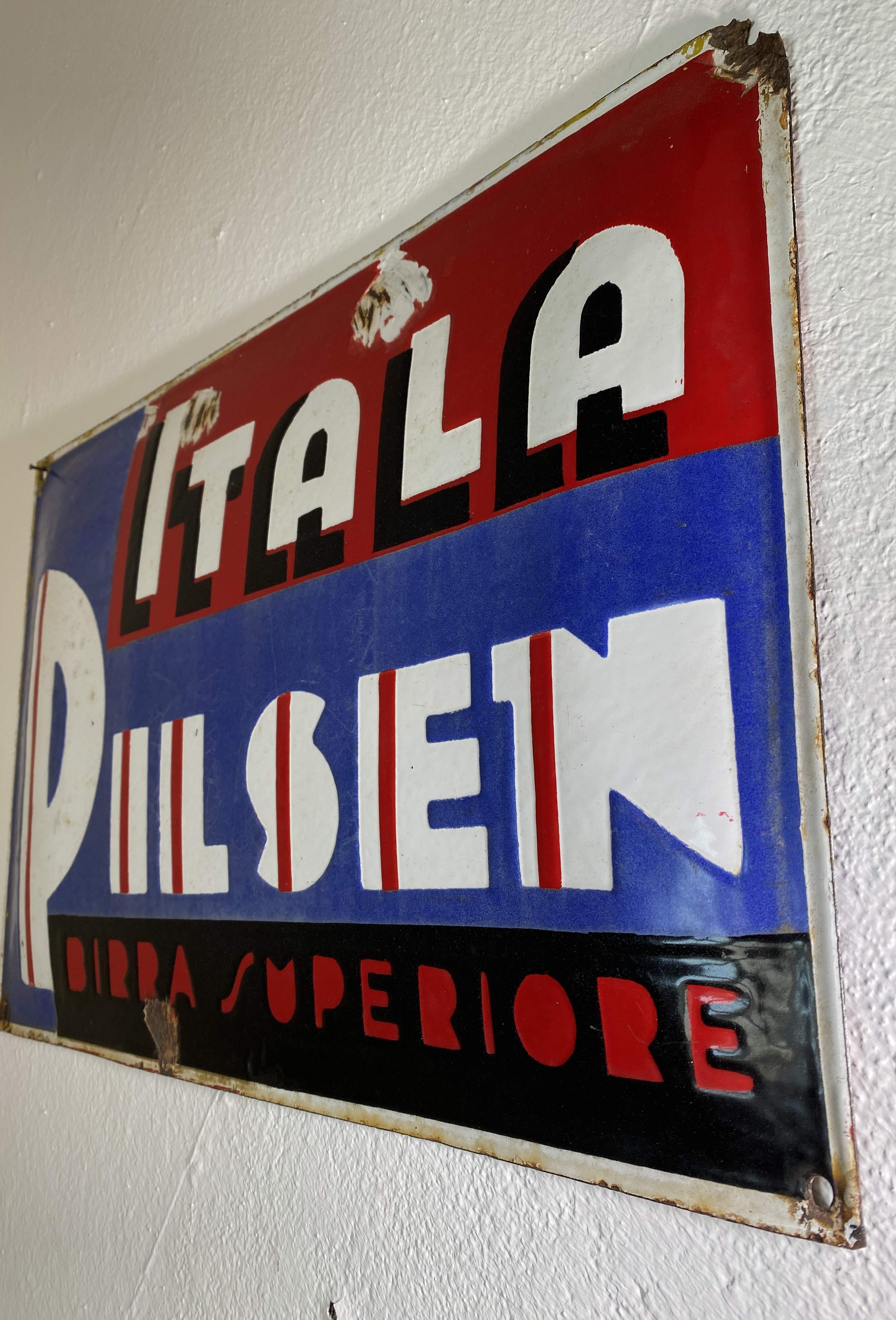 Emailschild Itala Pilsen Italien um 1920