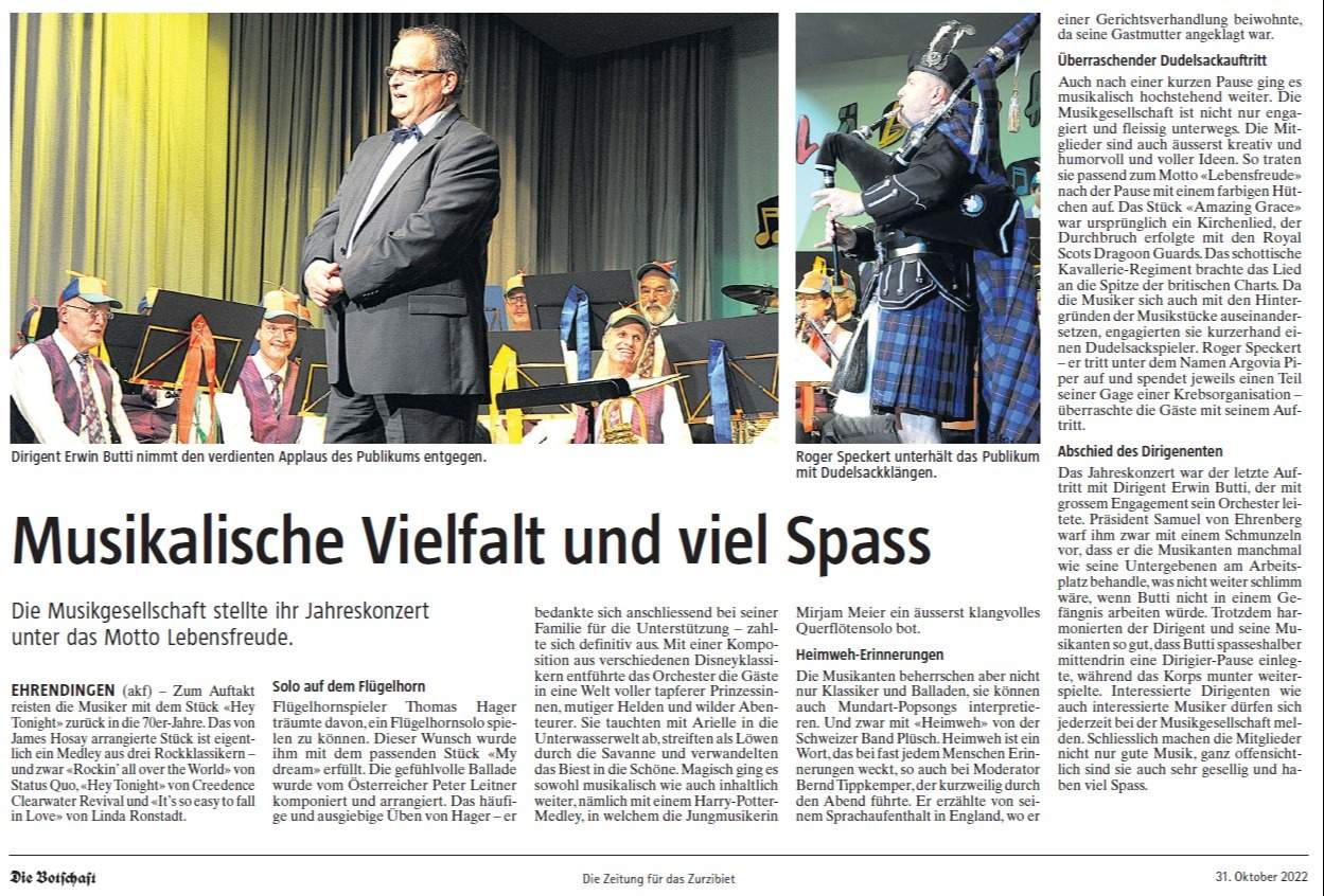 Bericht Jahreskonzert MG Ehrendingen Danke an Noah Burger, Bürli AG, Zeitung "Die Botschaft"