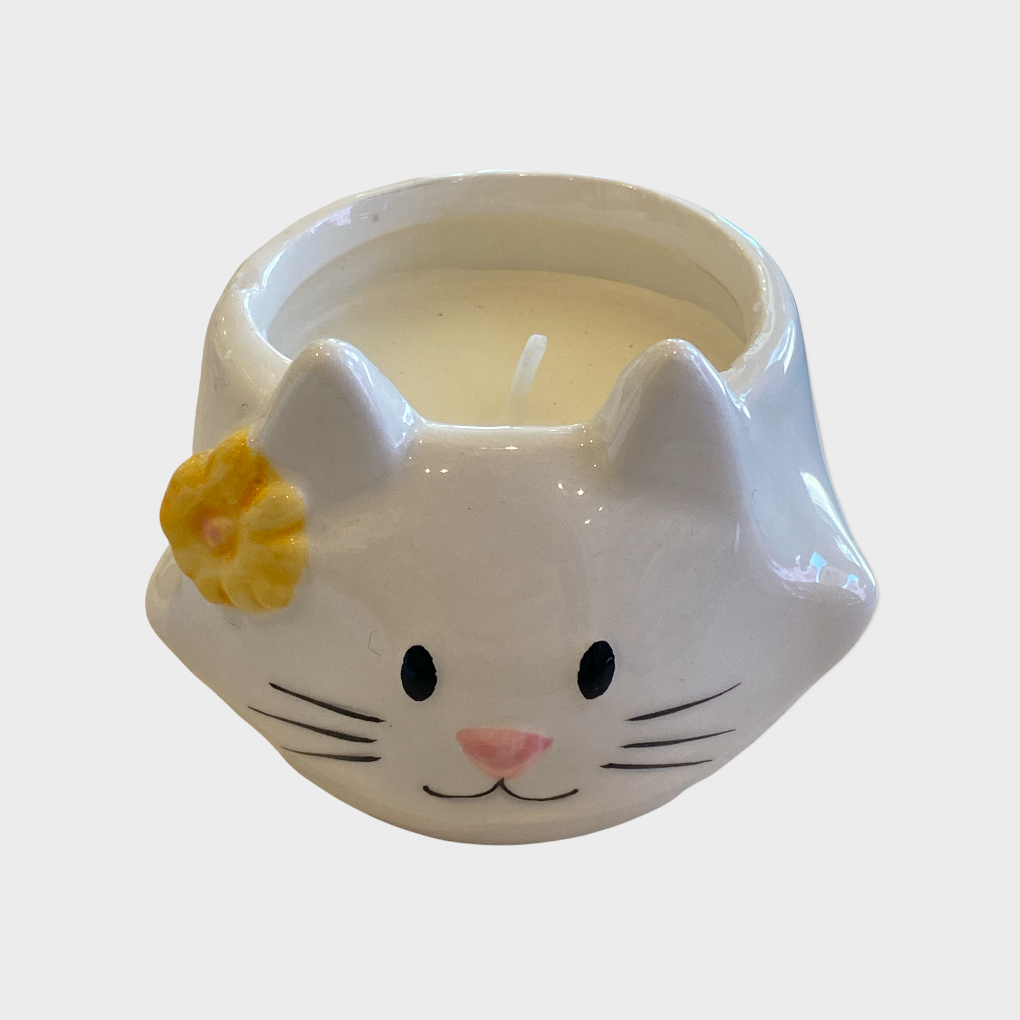 Kerze im Keramikglas - Katze mit Blume