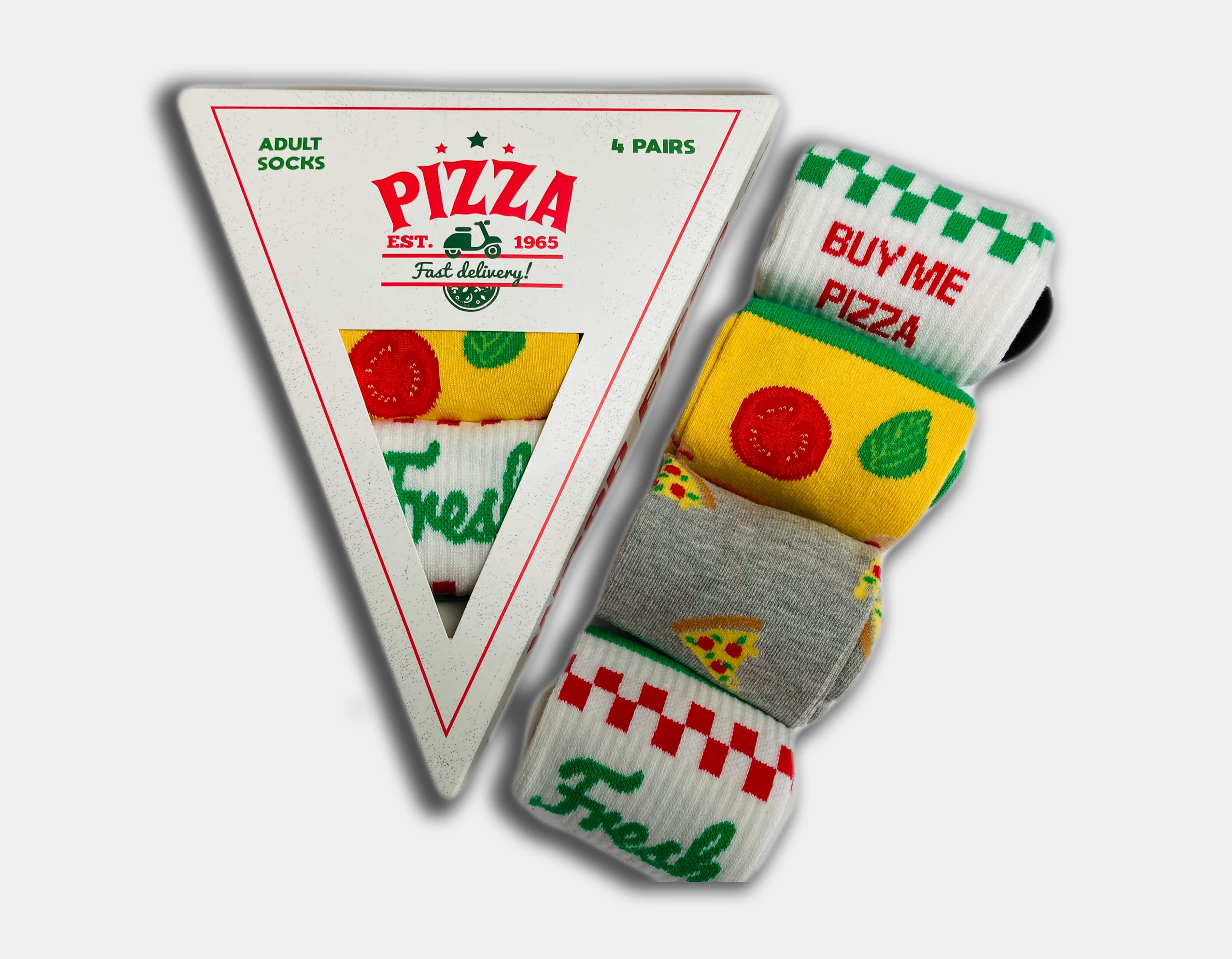 Pizzasocken - 4 Paar - verpackt wie ein Stück Pizza