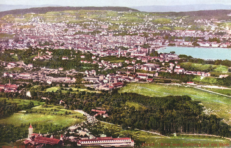 Blick auf Zürich um 1900. Im Vordergrund die Knabenschiessen-Chilbi