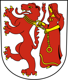 Das Wappen von Frauenfeld: ein roter Löwe mit einer rot gekleideten Frau auf weissem Hintergrund
